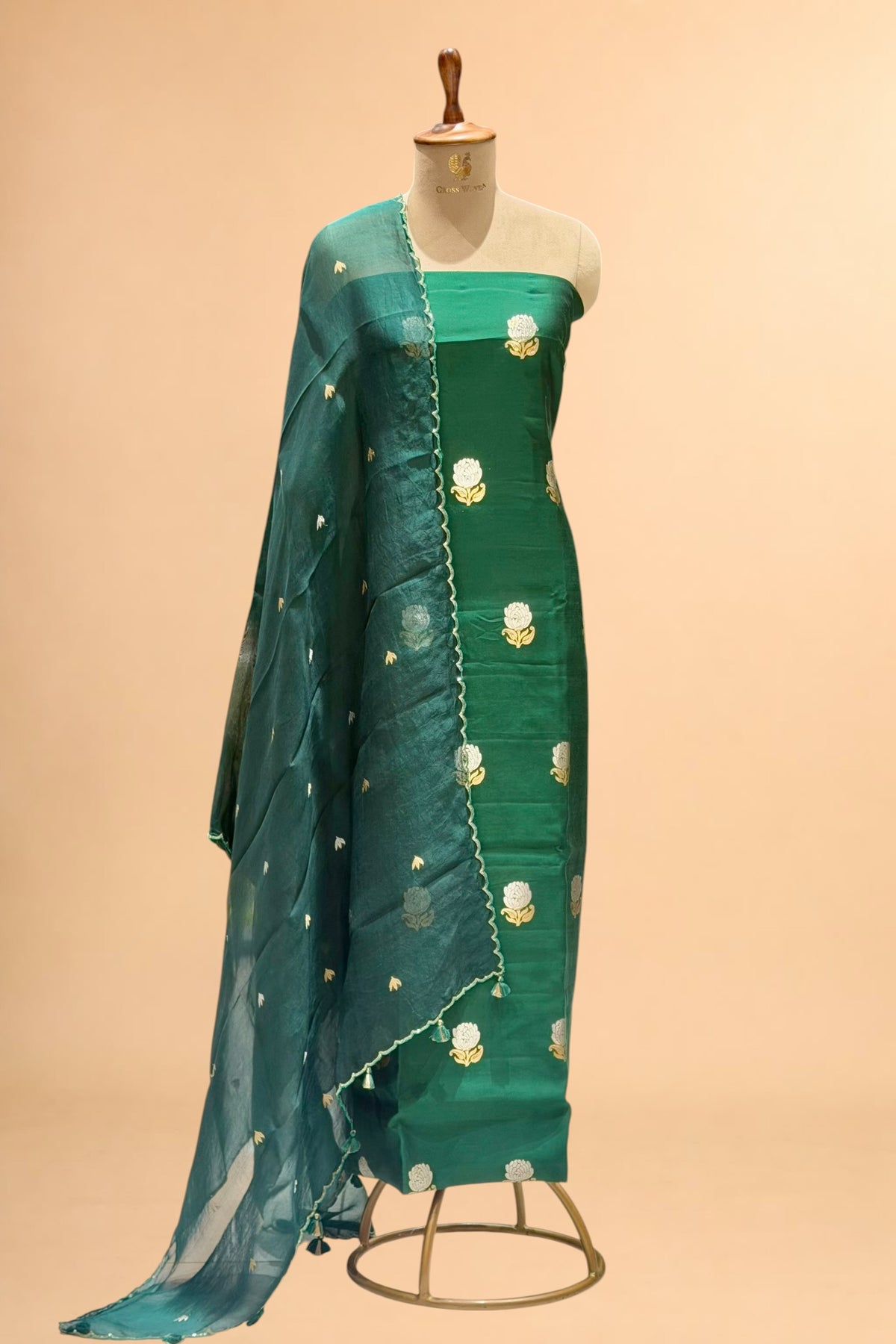 Deep Green Chiniya Silk Suit Set With Hand Work Organza Dupatta