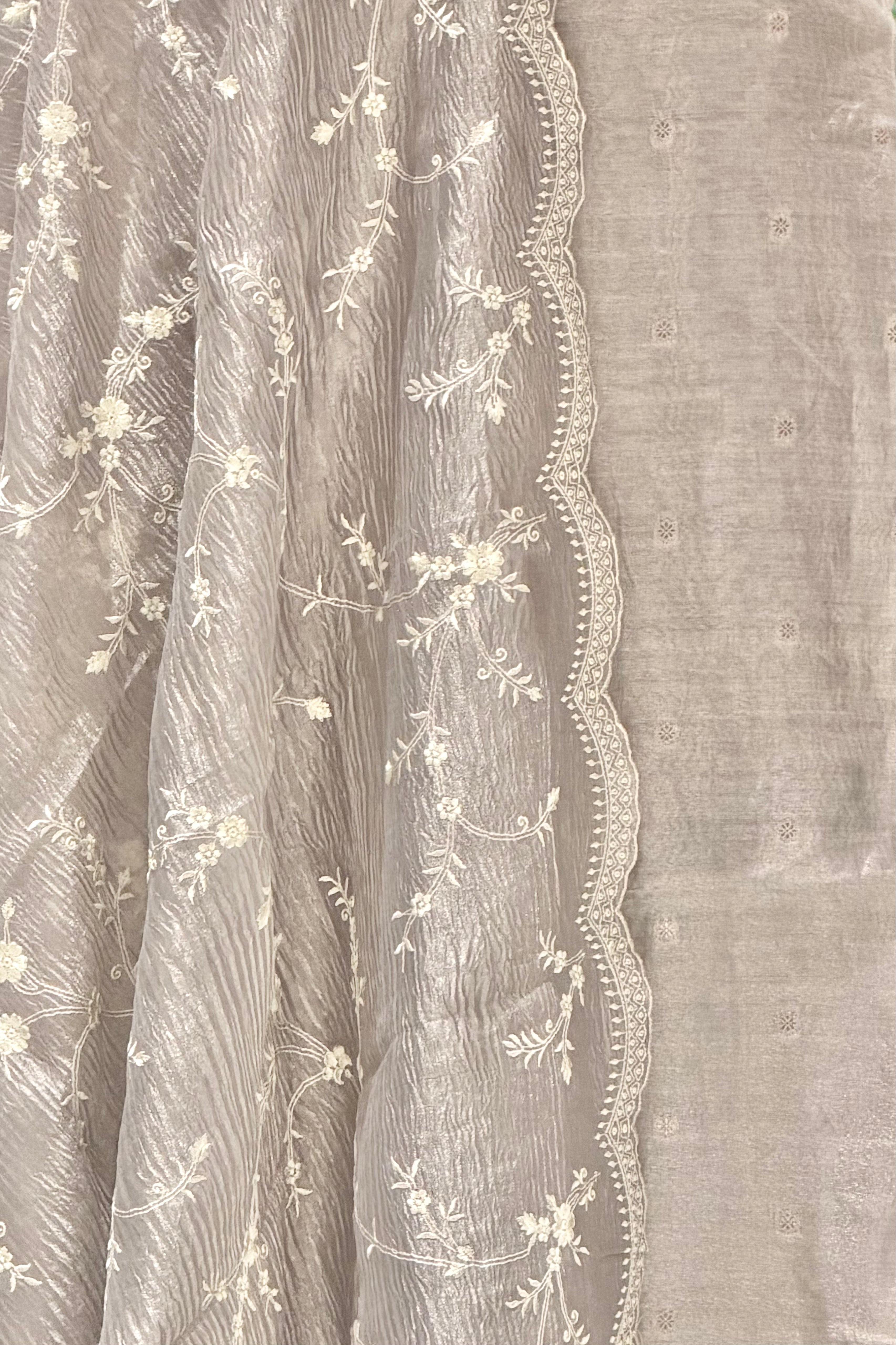 Grey Tissue Silk Suit Set with Crush Tissue Floral Dupatta