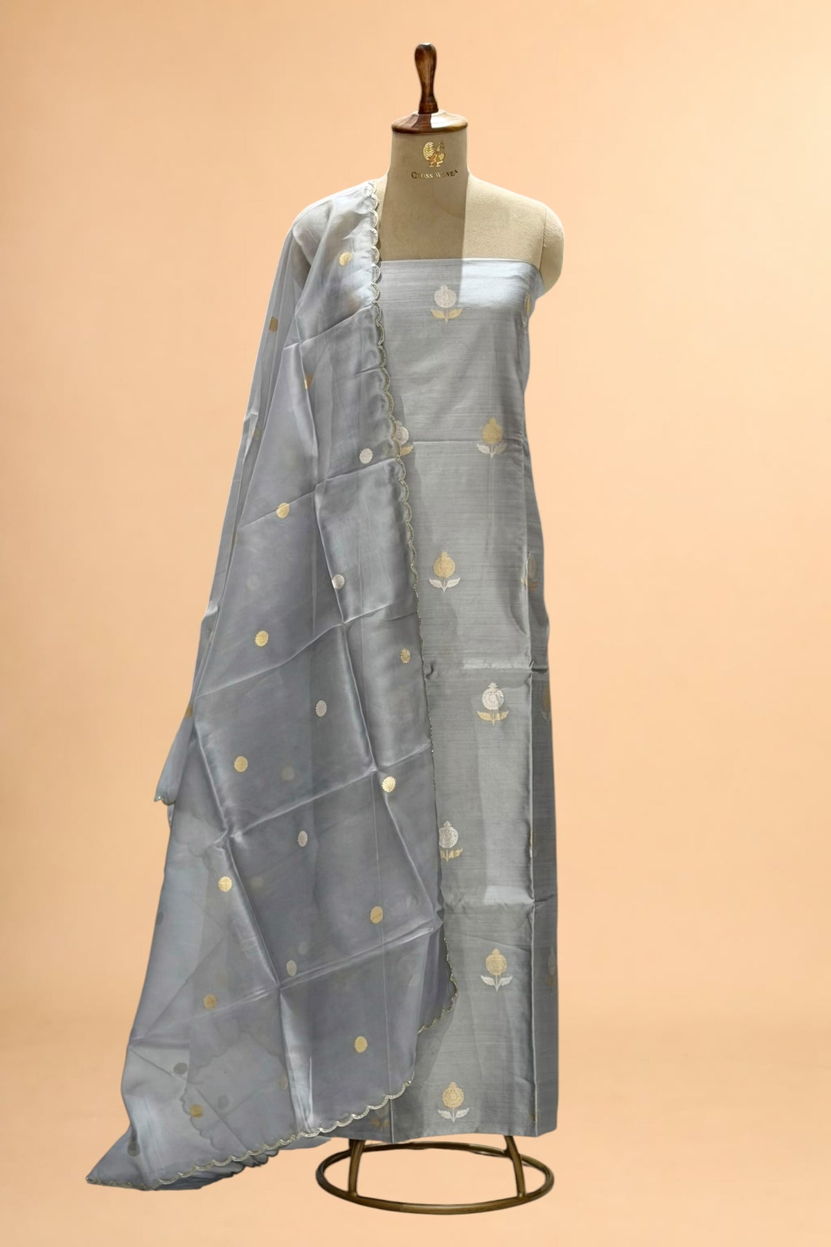 Gray Chiniya Silk Suit Set With Hand Work Organza Dupatta