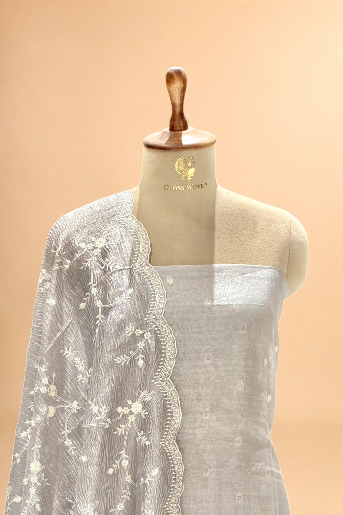 Grey Tissue Silk Suit Set with Crush Tissue Floral Dupatta