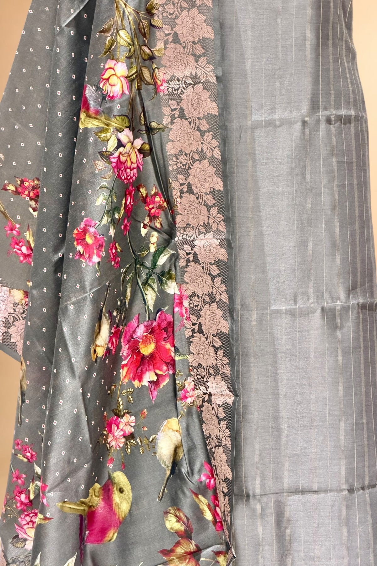 Grey Chiniya Silk Suit Set With Printed Chiniya Silk Dupatta