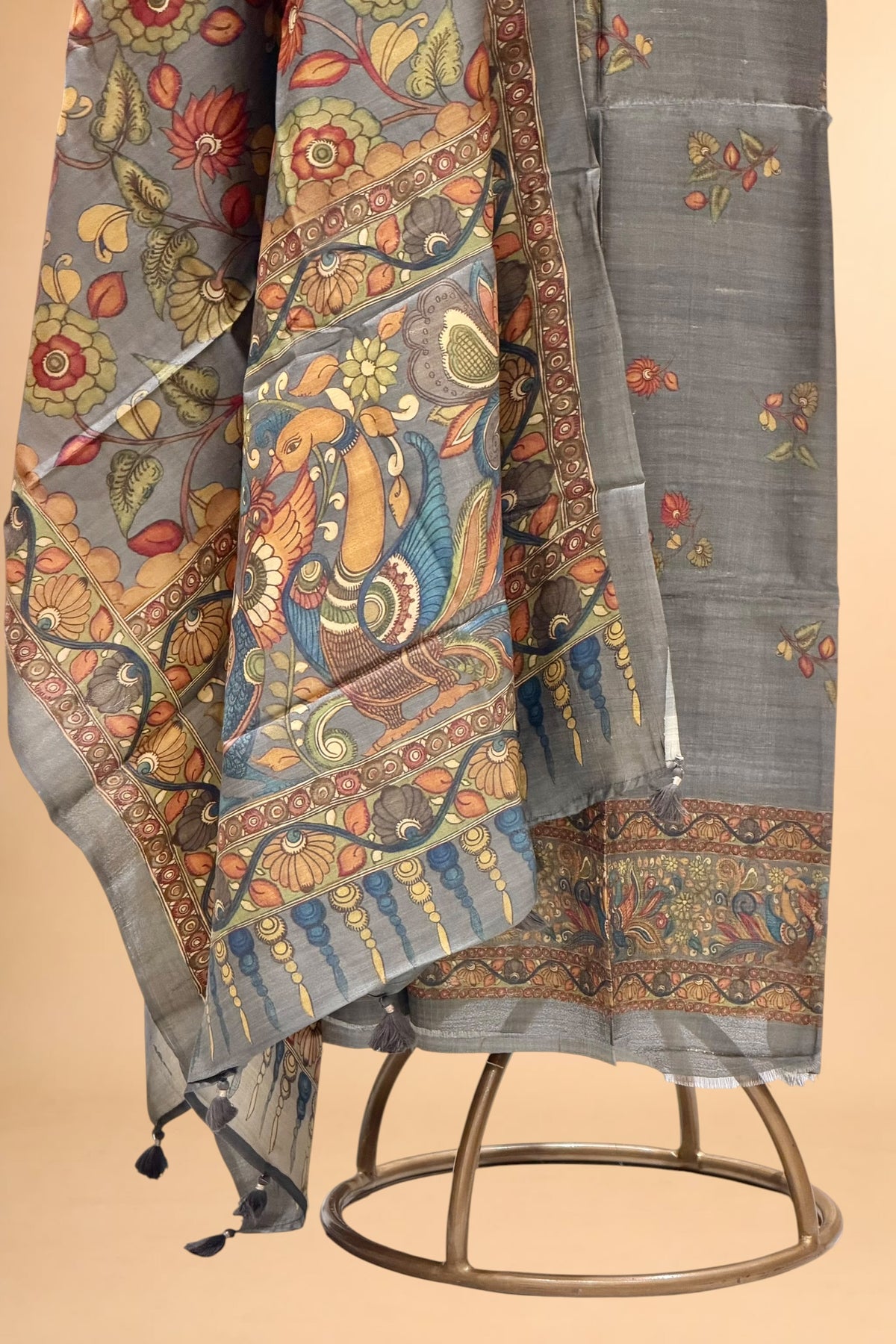 Grey Pure Tusser Silk Suit Set With Kalamkari Dupatta
