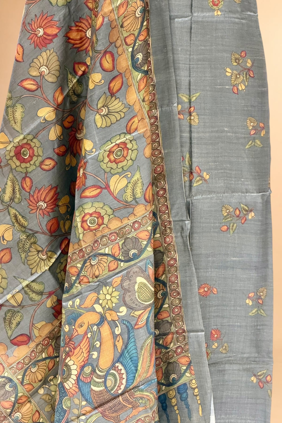 Grey Pure Tusser Silk Suit Set With Kalamkari Dupatta