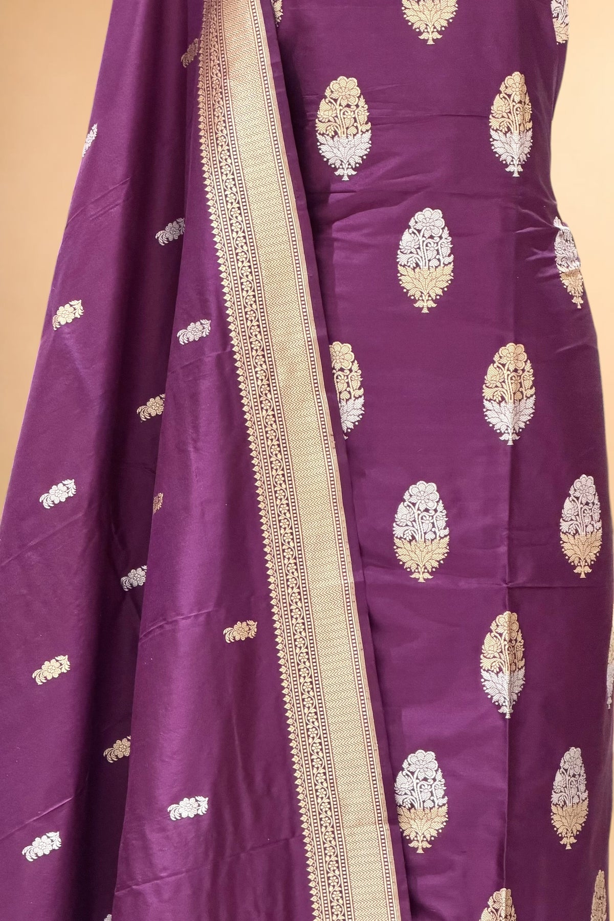 Purple Katan Silk Suit Set With Handwoven Dupatta