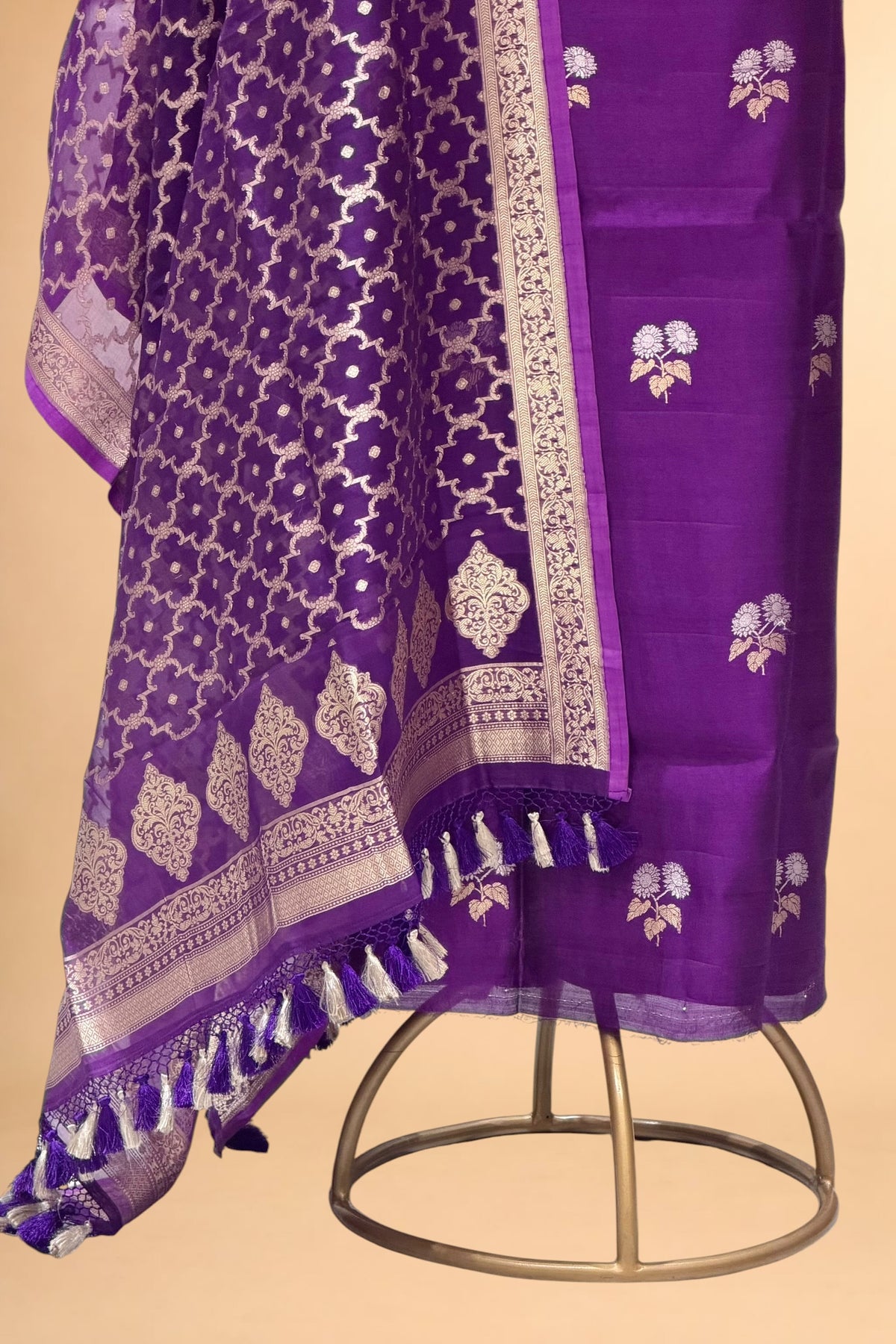 Purple Pure Banarasi Chiniya Silk Suit Set with Organza Dupatta
