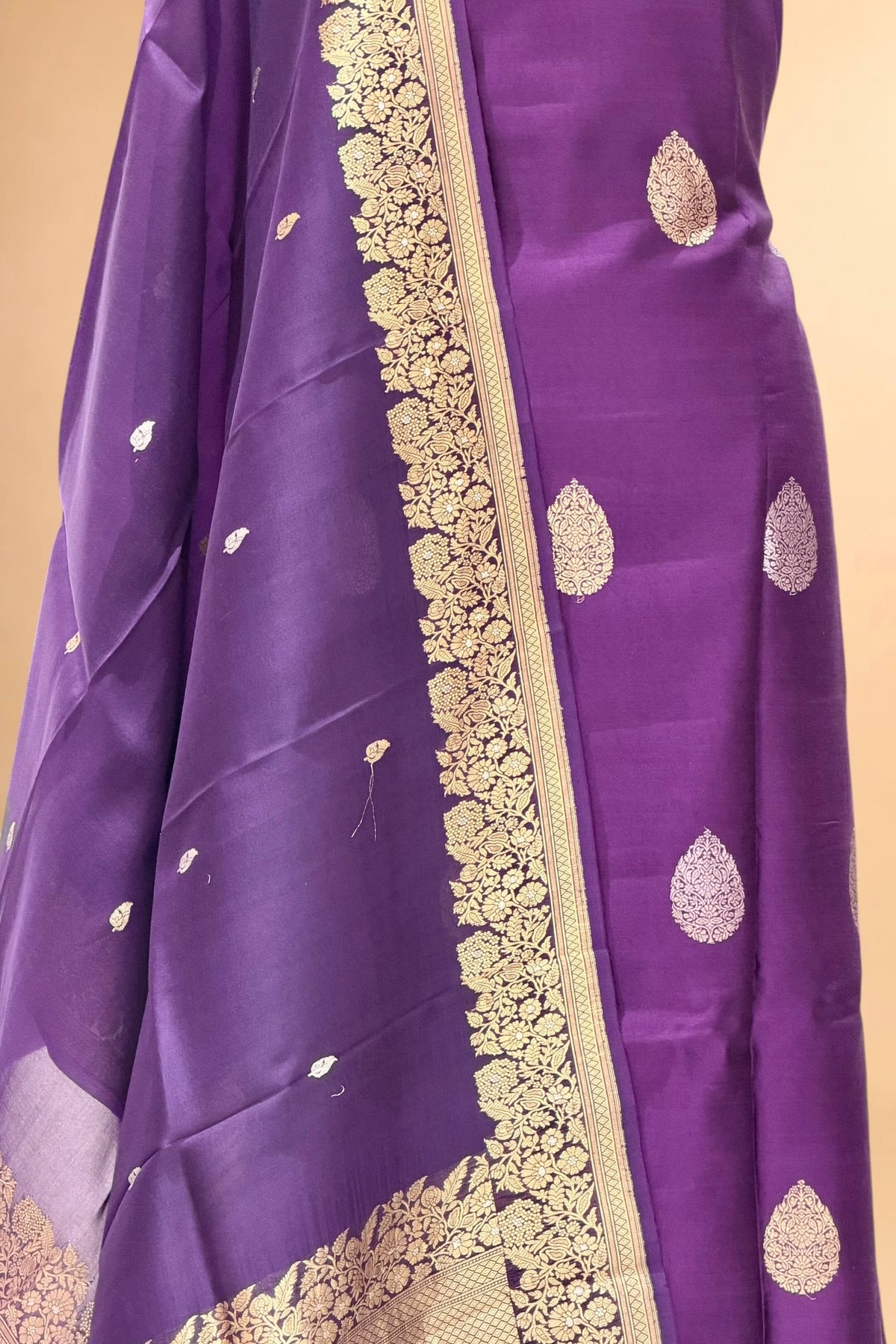 Purple Pure Chiniya Silk Suit Set with Organza Dupatta
