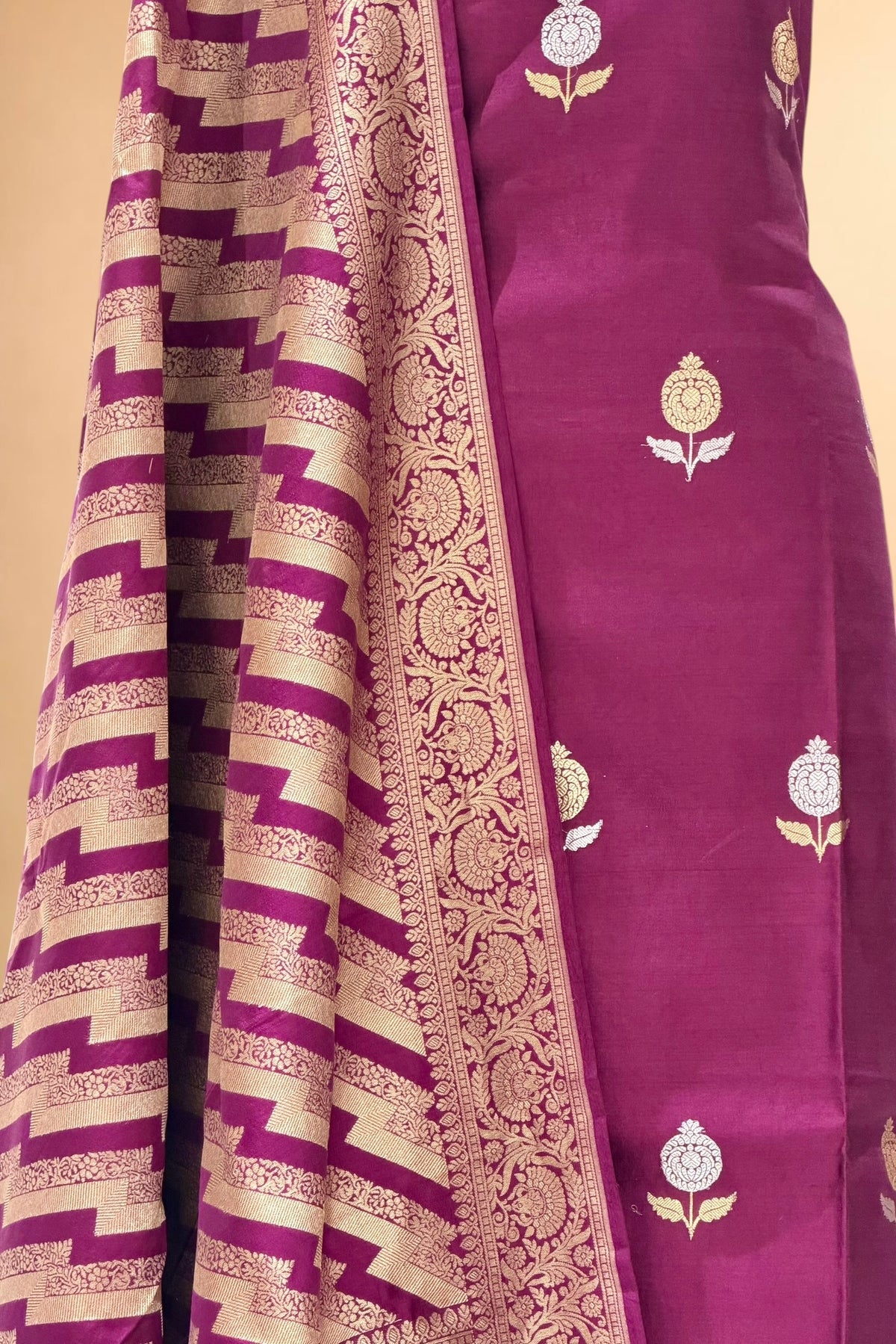 Plum Purple Chiniya Silk Suit Set with Kadhwa Floral Motif