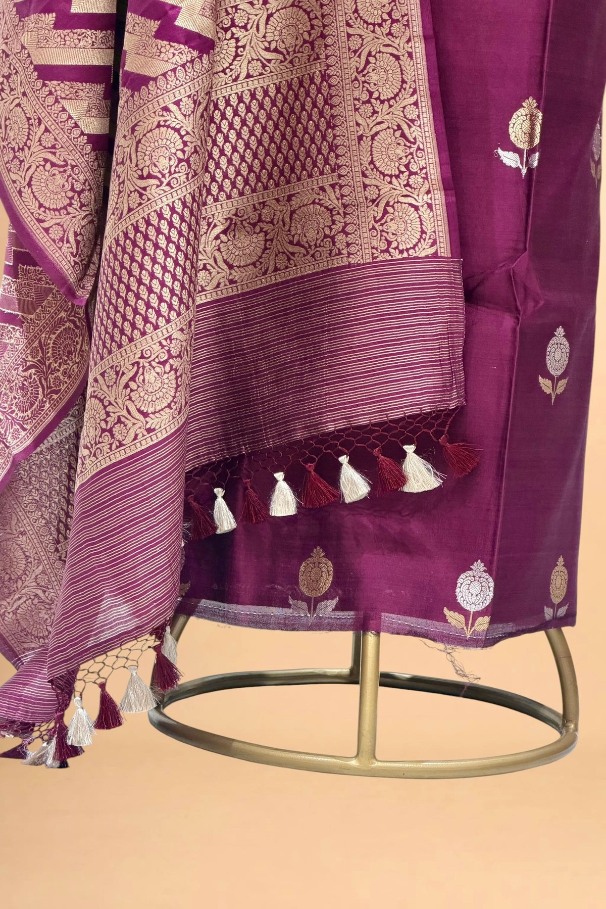 Plum Purple Chiniya Silk Suit Set with Kadhwa Floral Motif