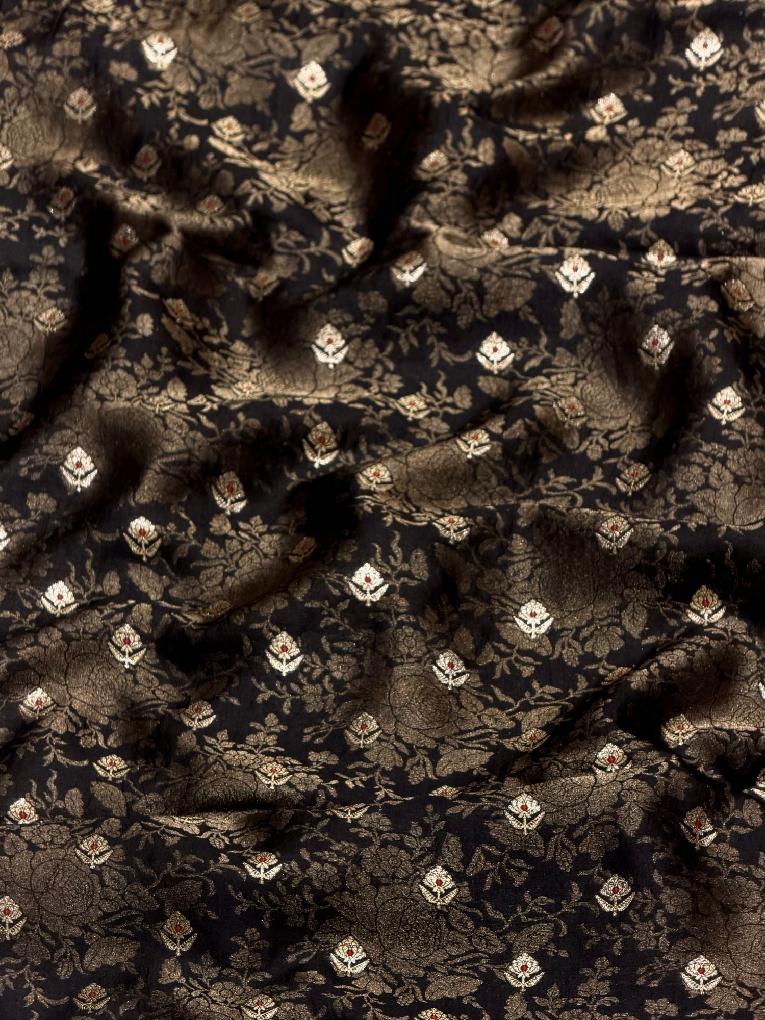 Black Soft Silk Fabric with Floral Jaal