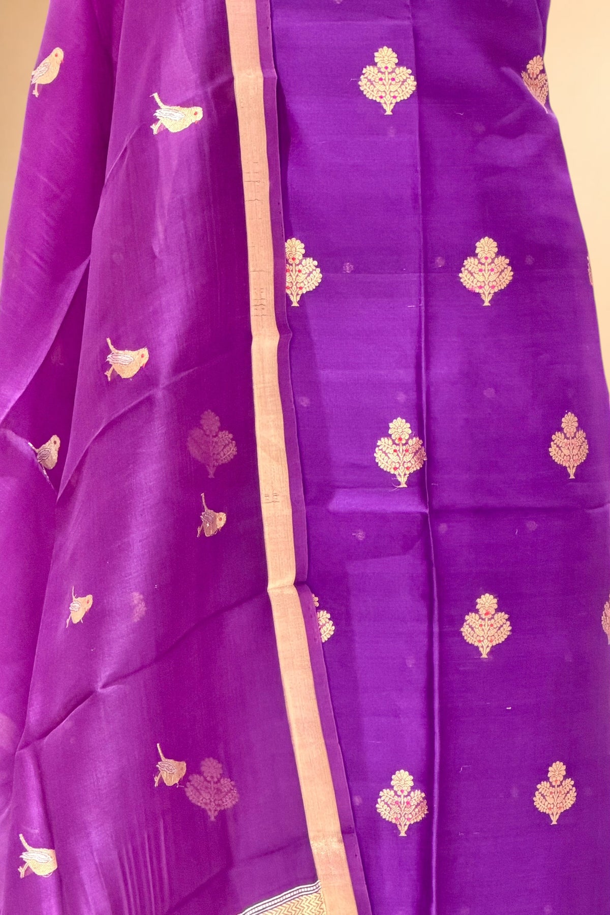 Purple Pure Organza Silk Suit Set with Bird Motif Dupatta