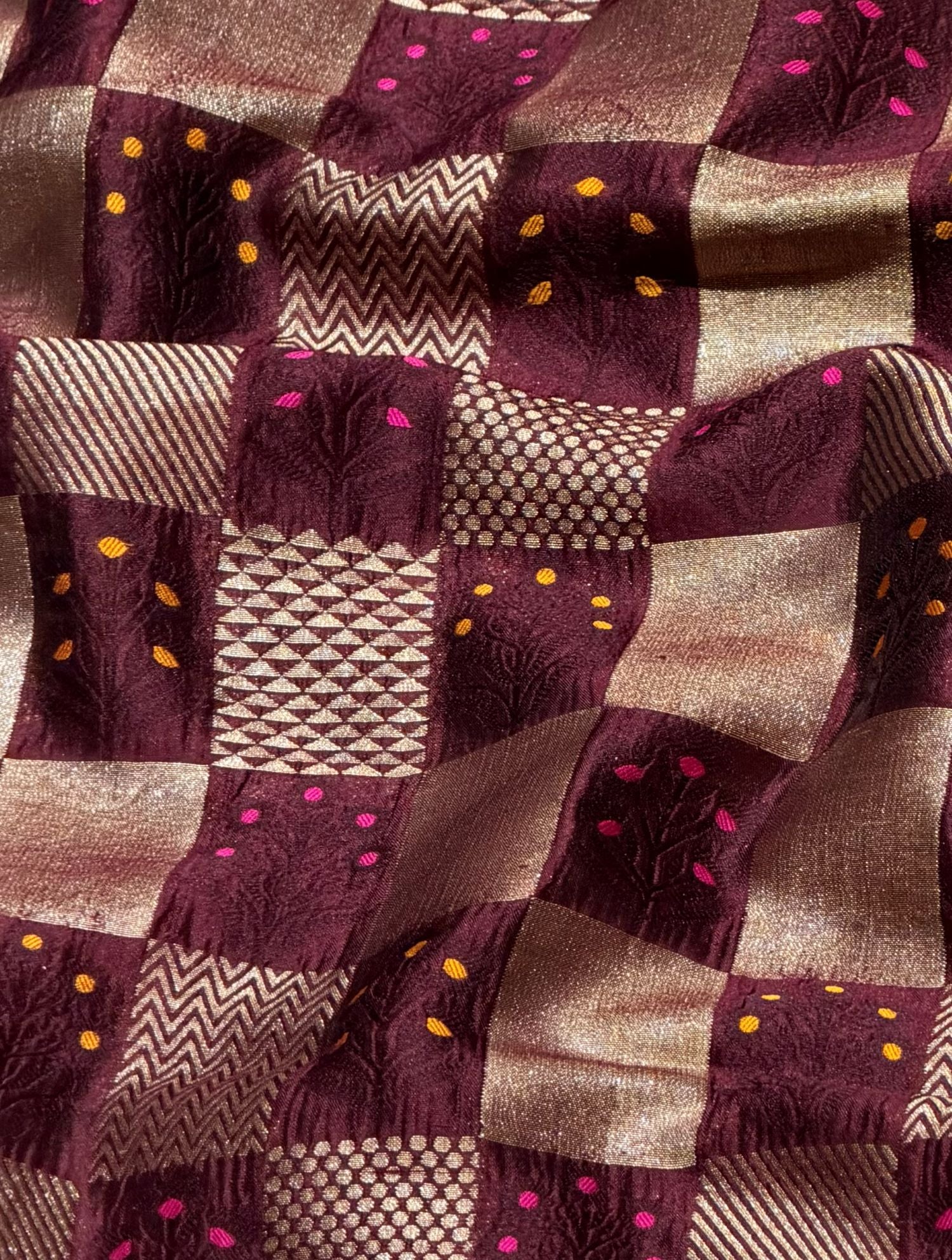 Wine Maroon Soft Silk Fabric with Meenakari Checkered Zari Weave