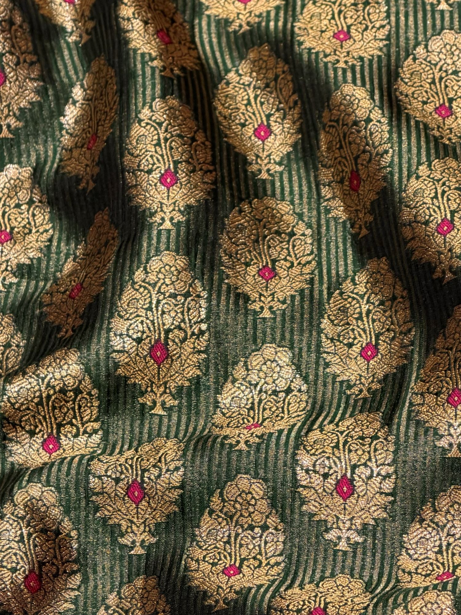 Bottle Green Soft Silk Fabric with Meenakari Floral Motifs
