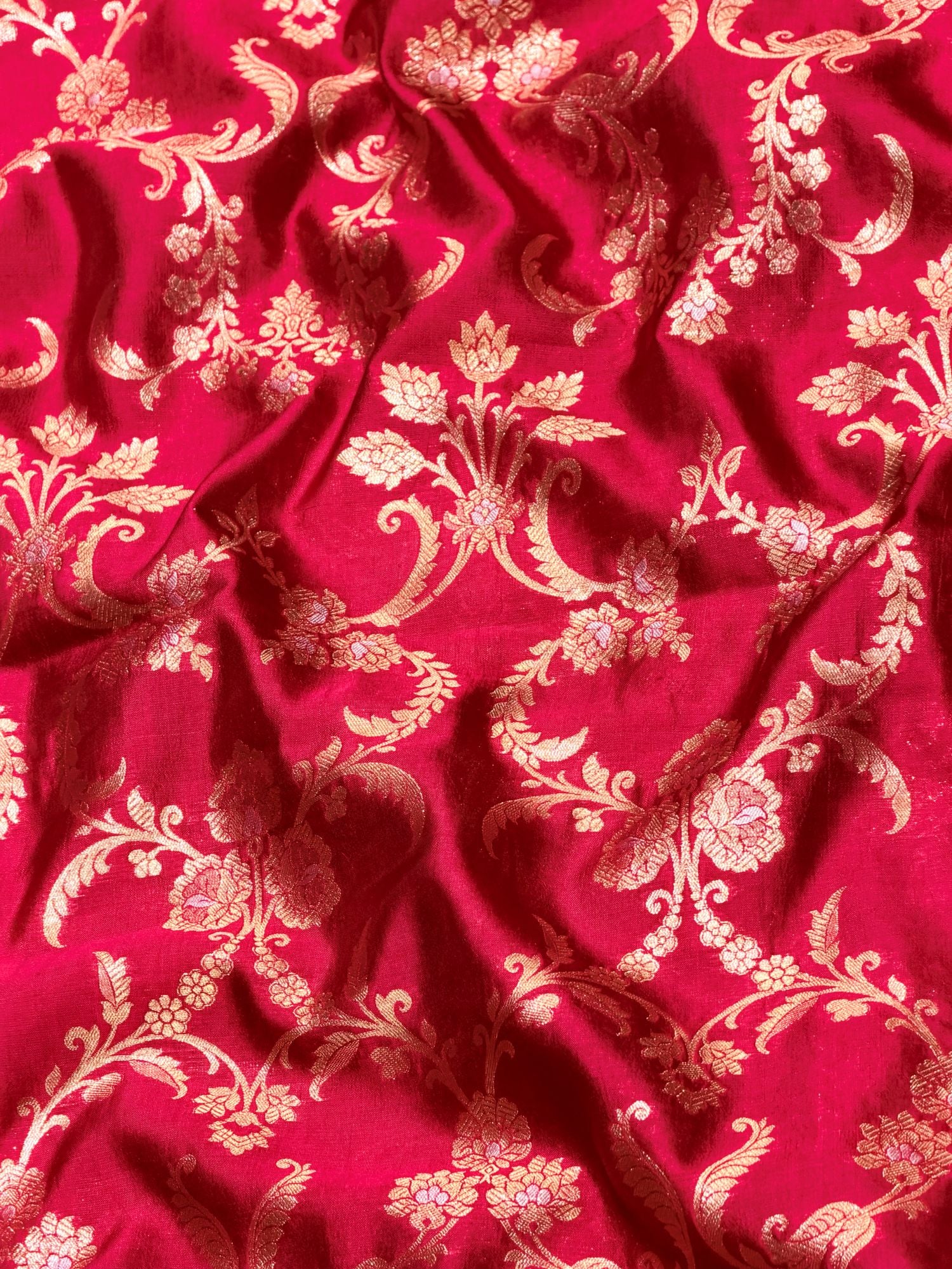 Red Soft Silk Fabric with Meenakari Zari Floral Vine Jaal