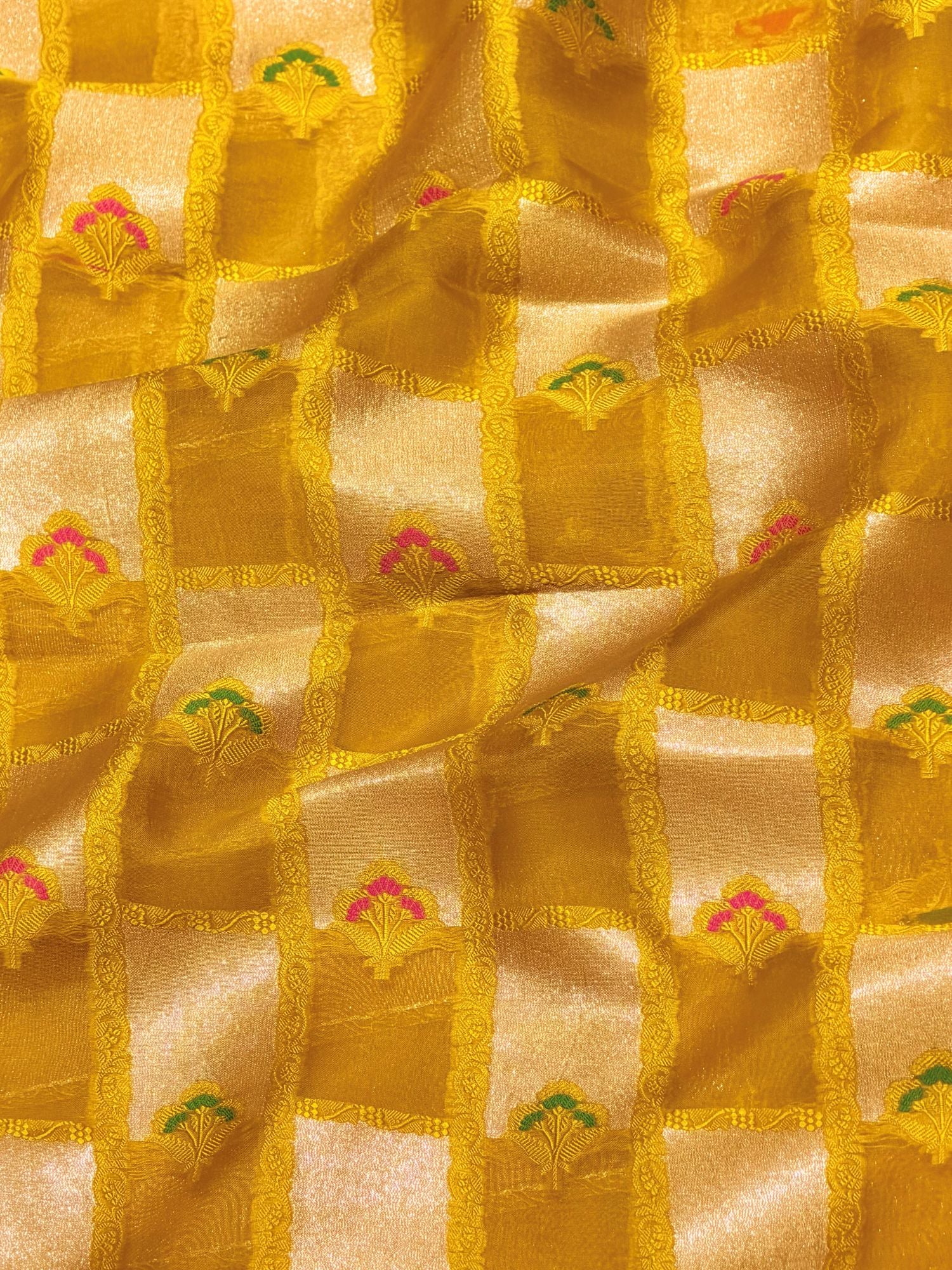 Mustard Yellow Soft Silk Fabric with Meenakari Checkered Zari Weave