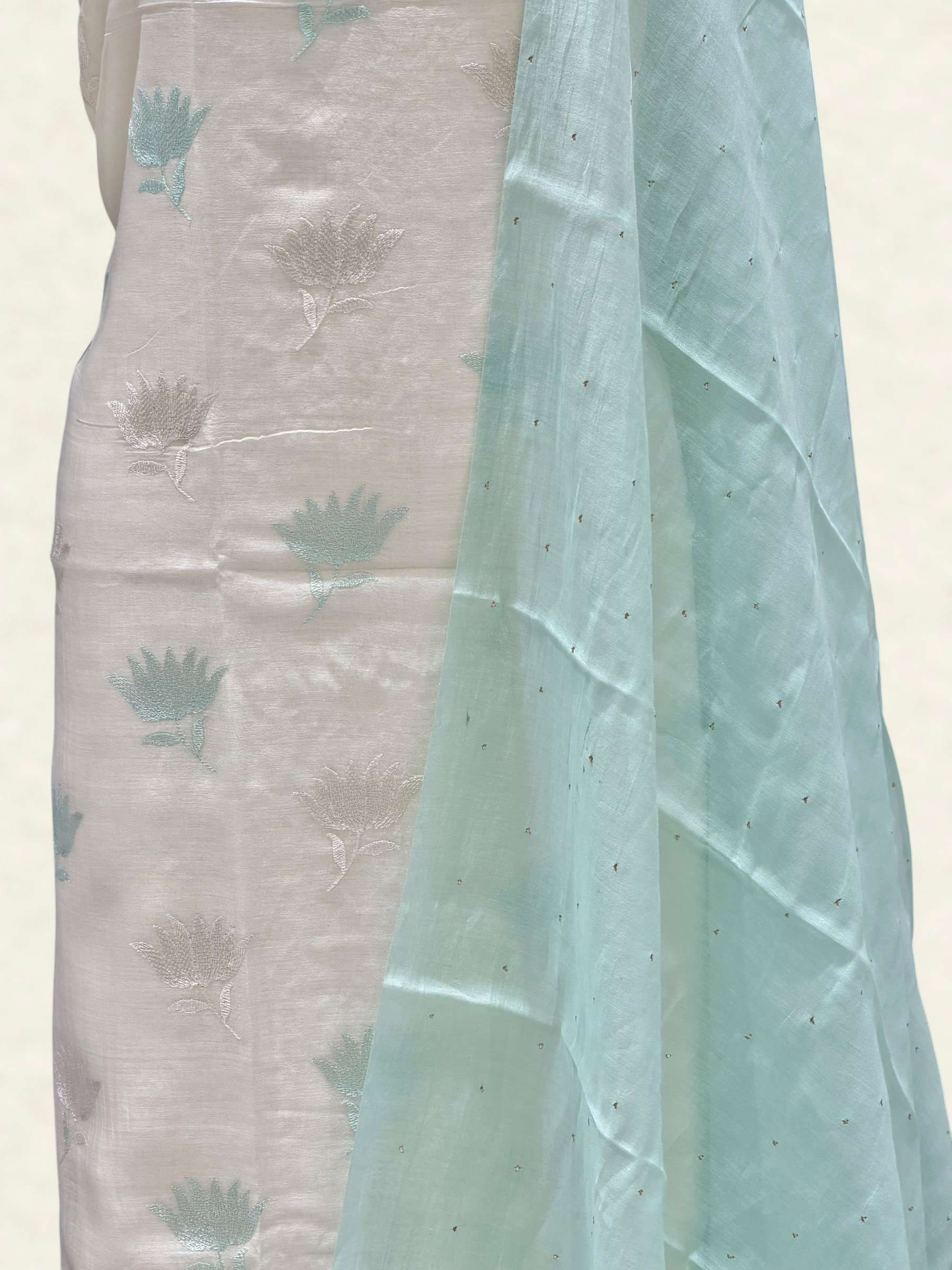White Pure Mul Cotton Suit Set With Mukaish Work Dupatta