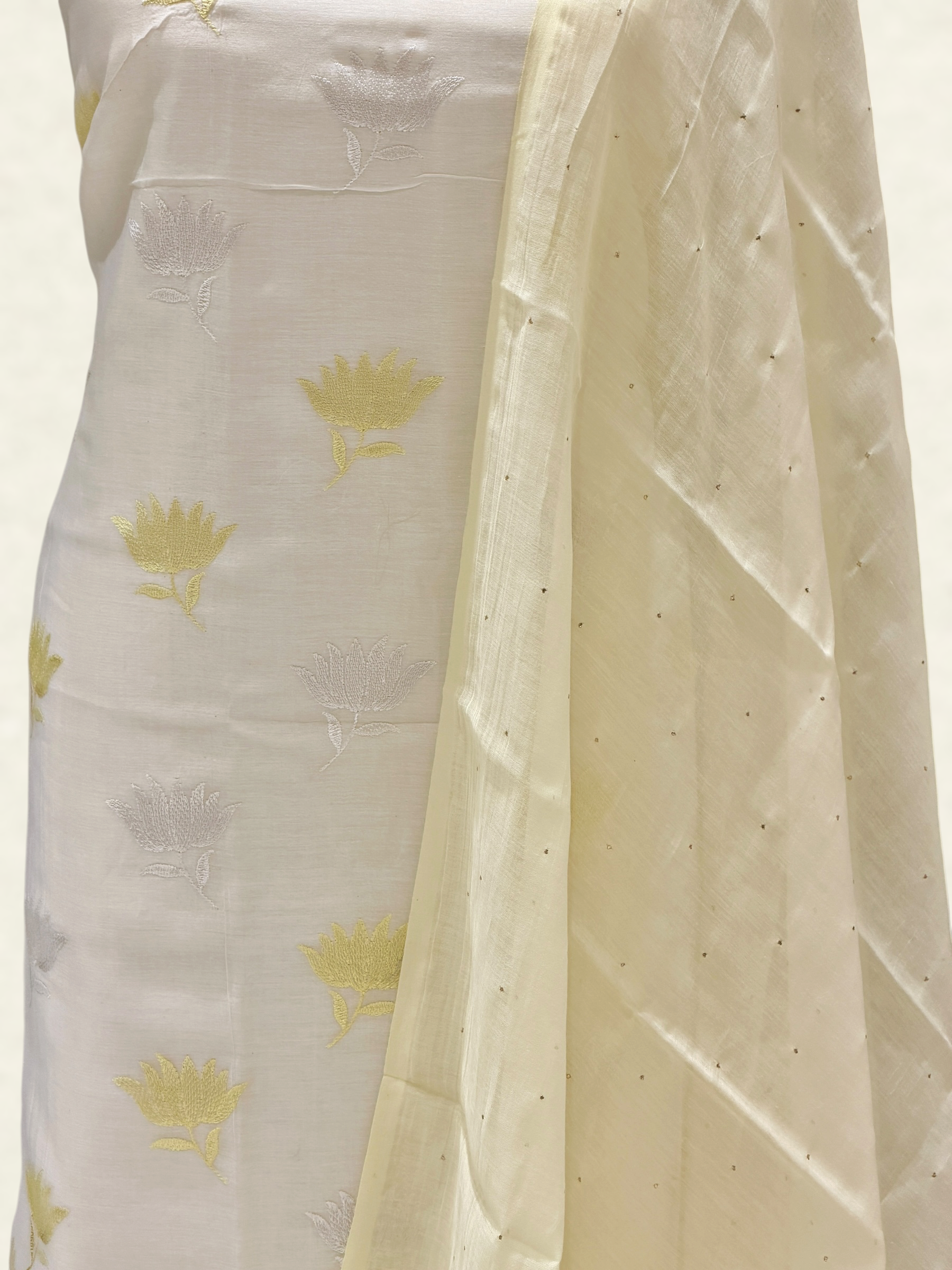 White Pure Mul Cotton Suit Set With Mukaish Work Dupatta
