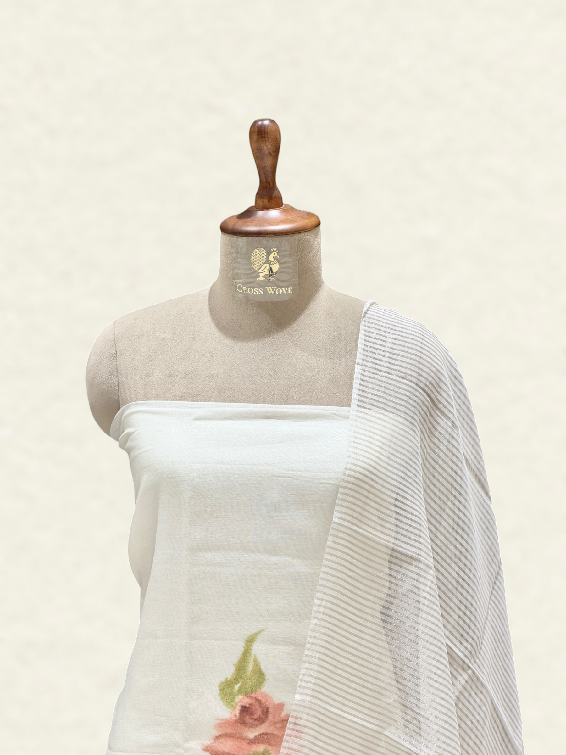 White Mul Cotton Suit Set with Handbrush Floral Print