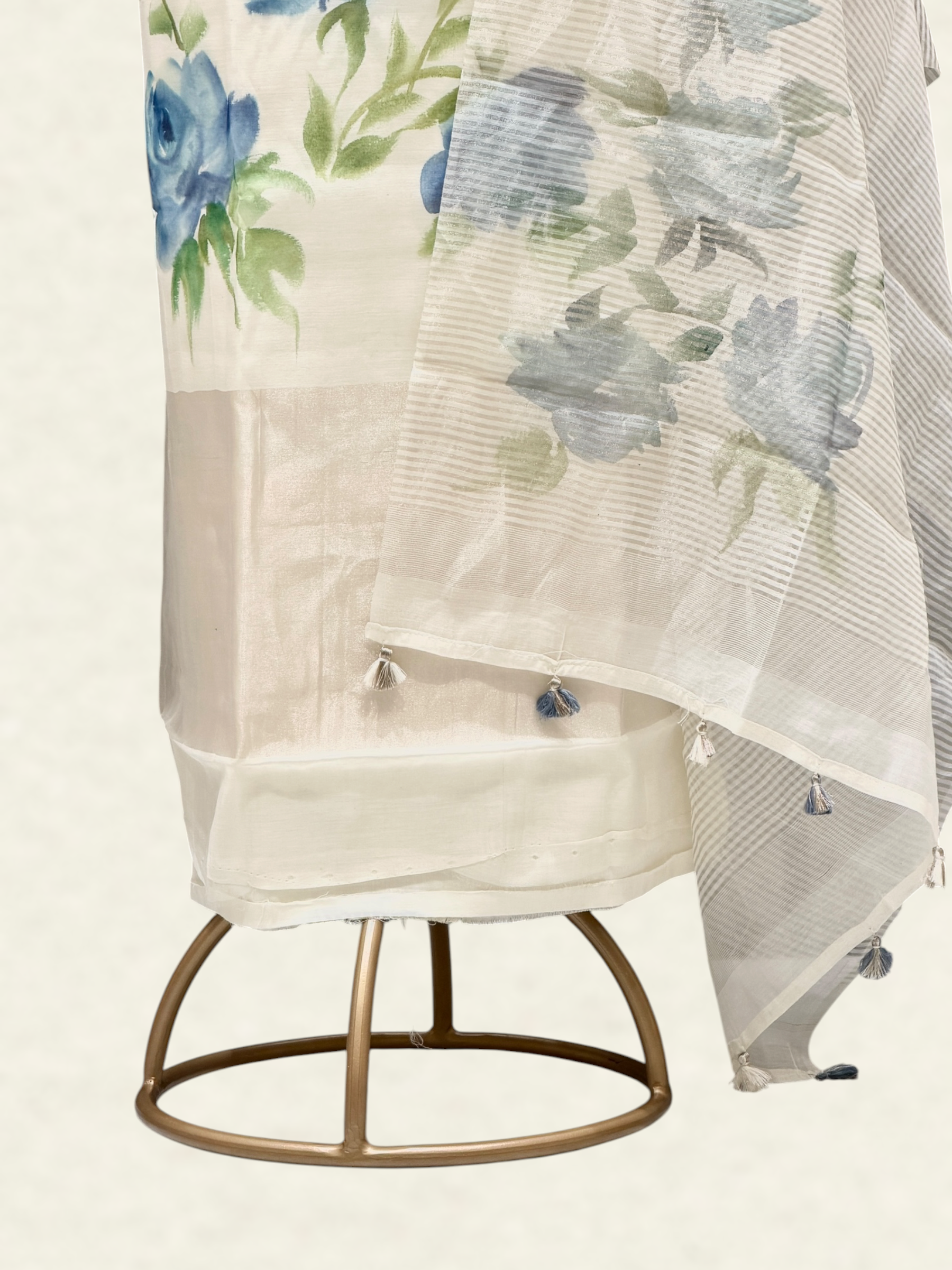 White Mul Cotton Suit Set with Handbrush Floral Print