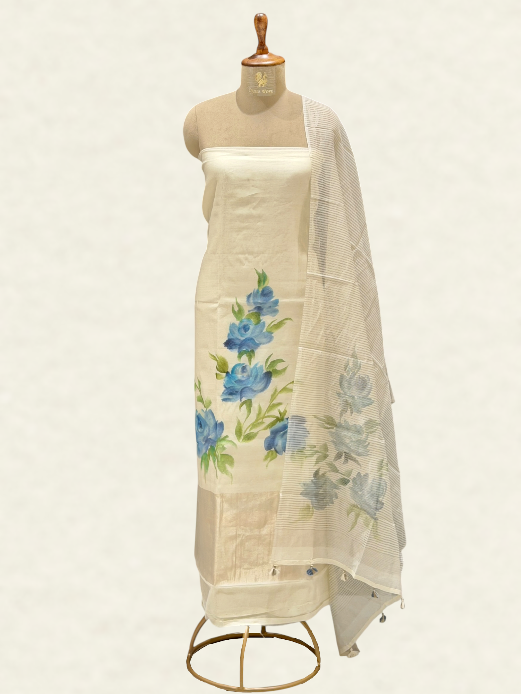 White Mul Cotton Suit Set with Handbrush Floral Print