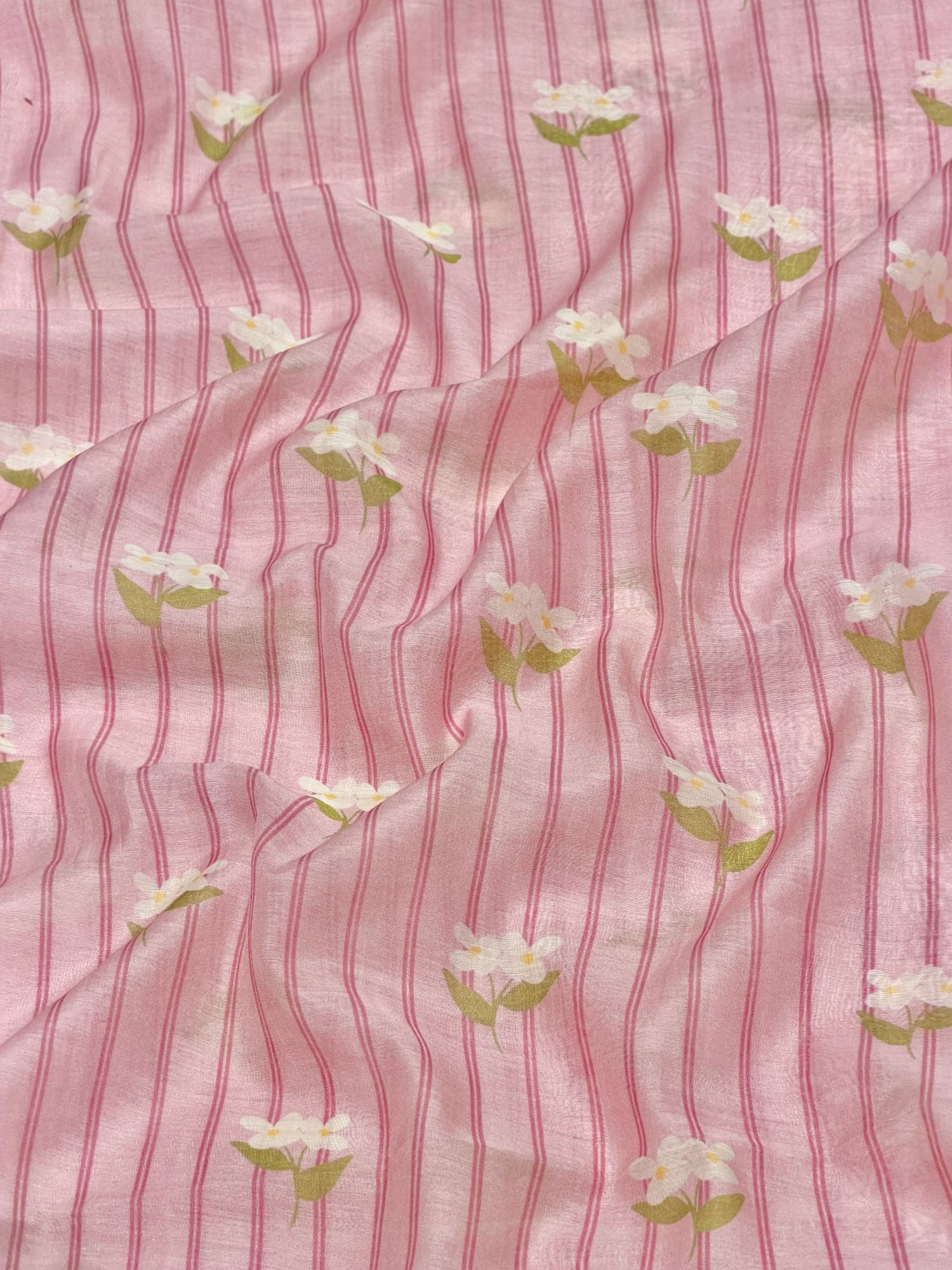 Pink Stripe Floral Mul Cotton Printed Fabric