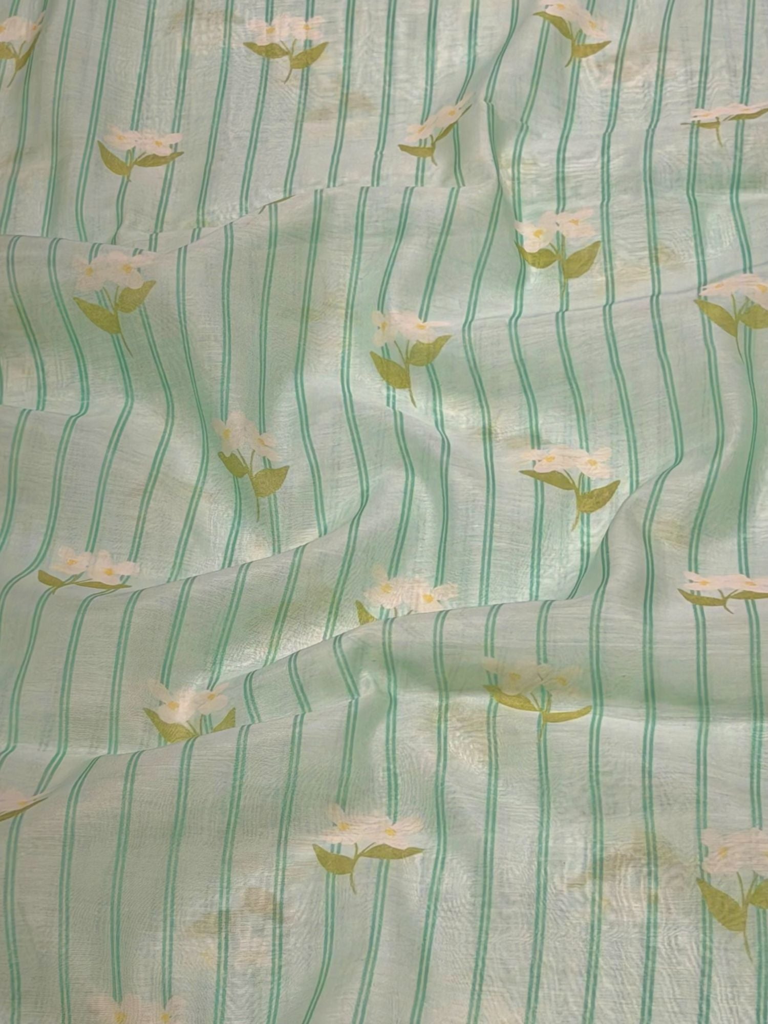 Mint Stripe Floral Mul Cotton Printed Fabric