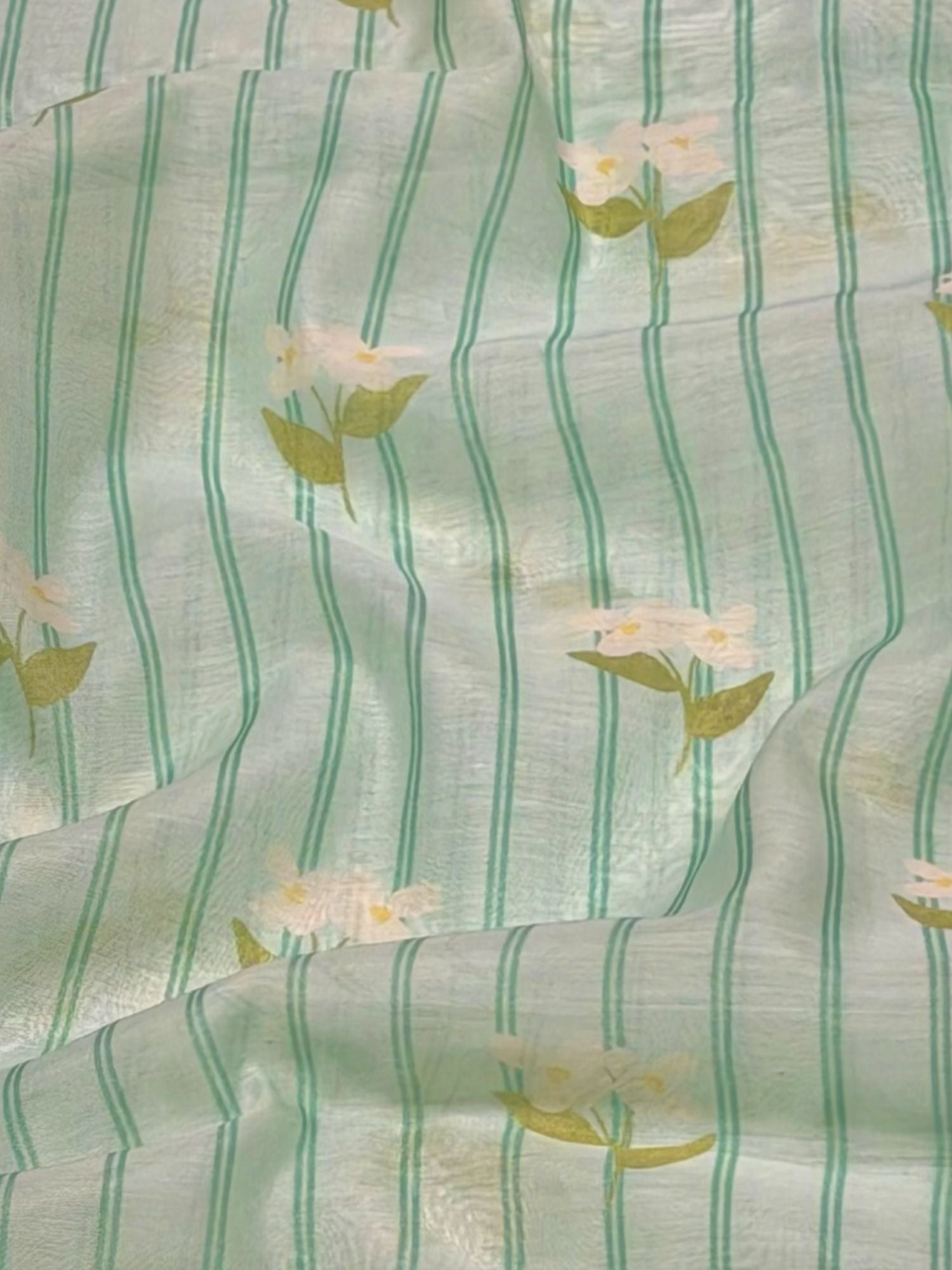 Mint Stripe Floral Mul Cotton Printed Fabric