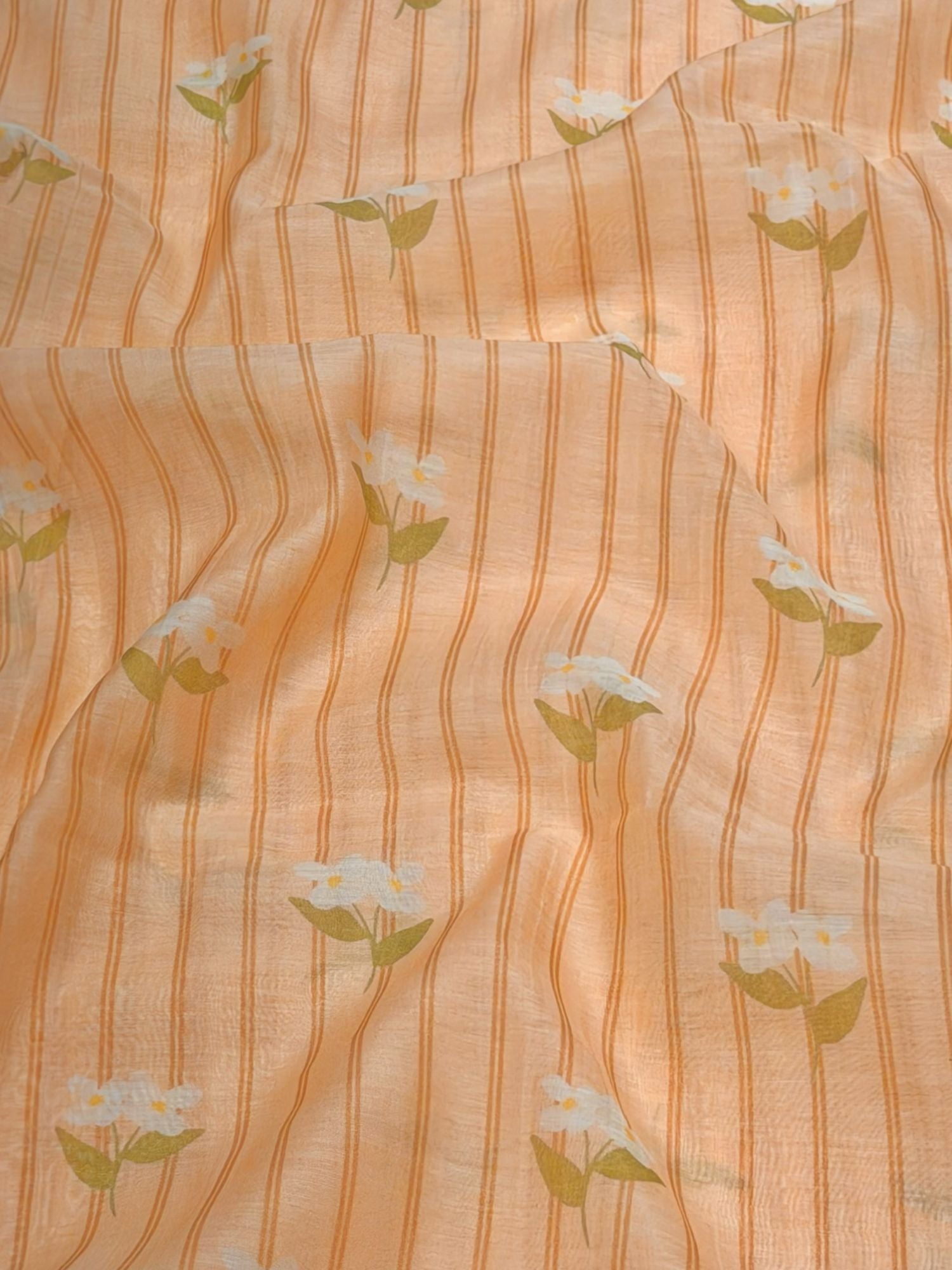 Peach Stripe Floral Mul Cotton Printed Fabric