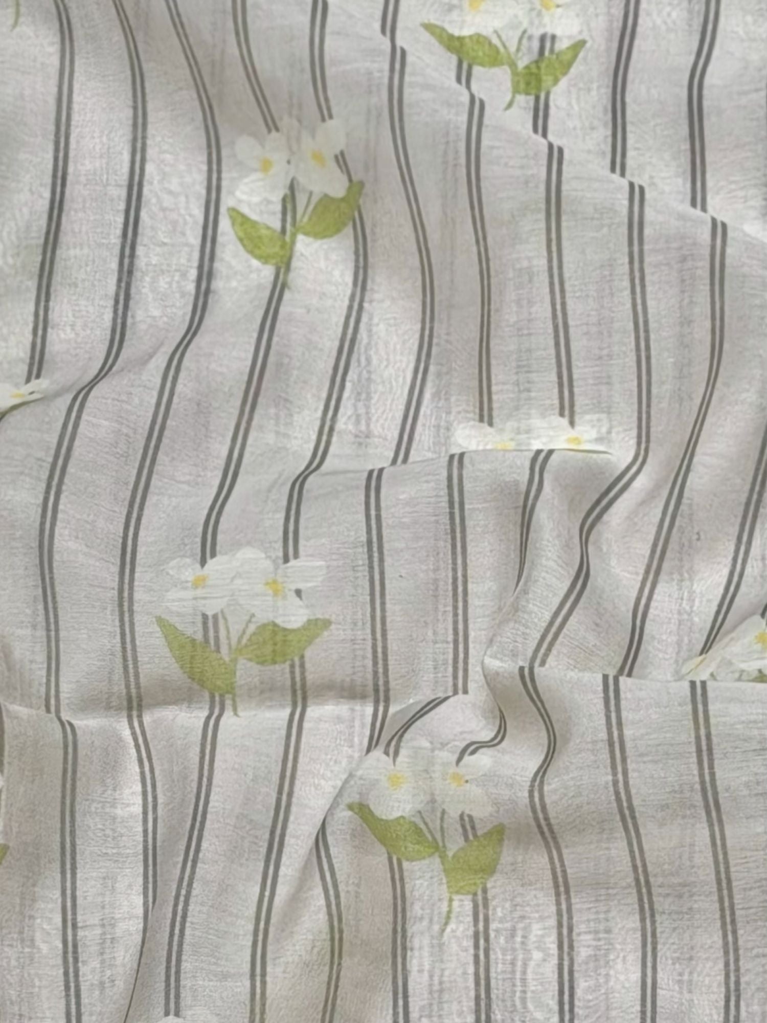 Grey Stripe Floral Mul Cotton Printed Fabric