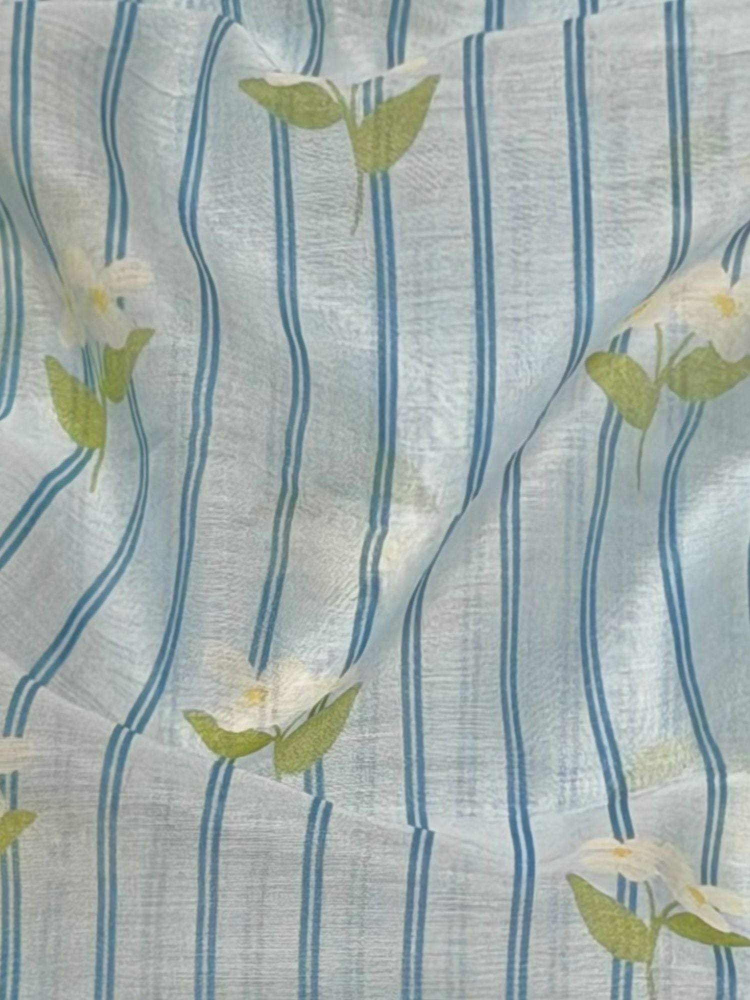 Blue Stripe Floral Mul Cotton Printed Fabric