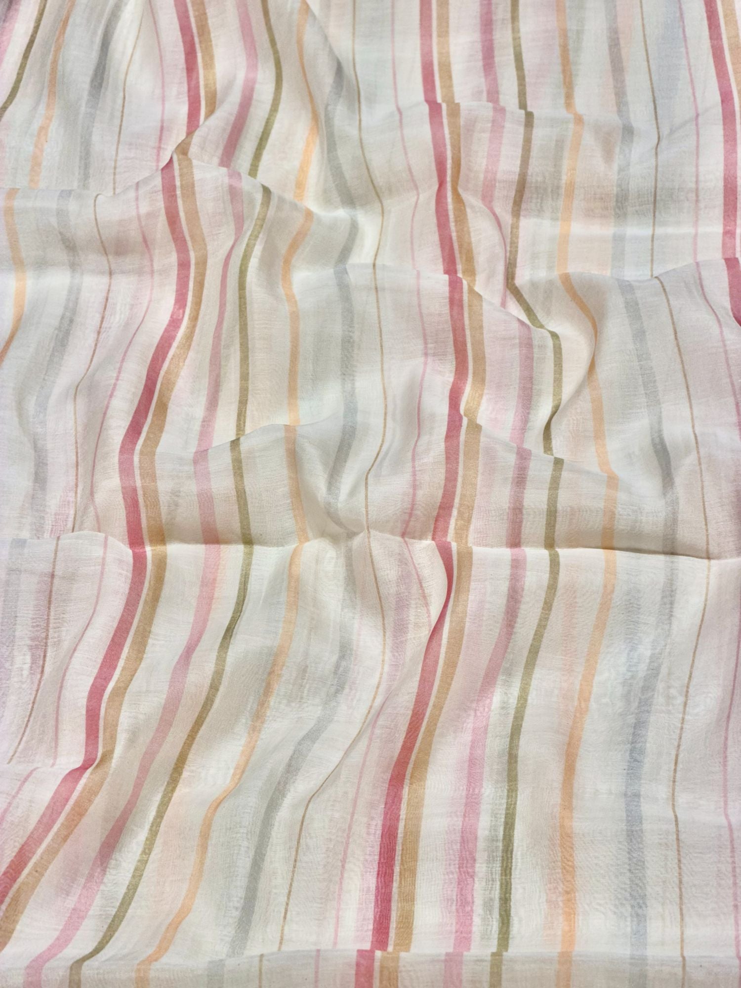 Ivory Pastel Stripe Mul Cotton Printed Fabric