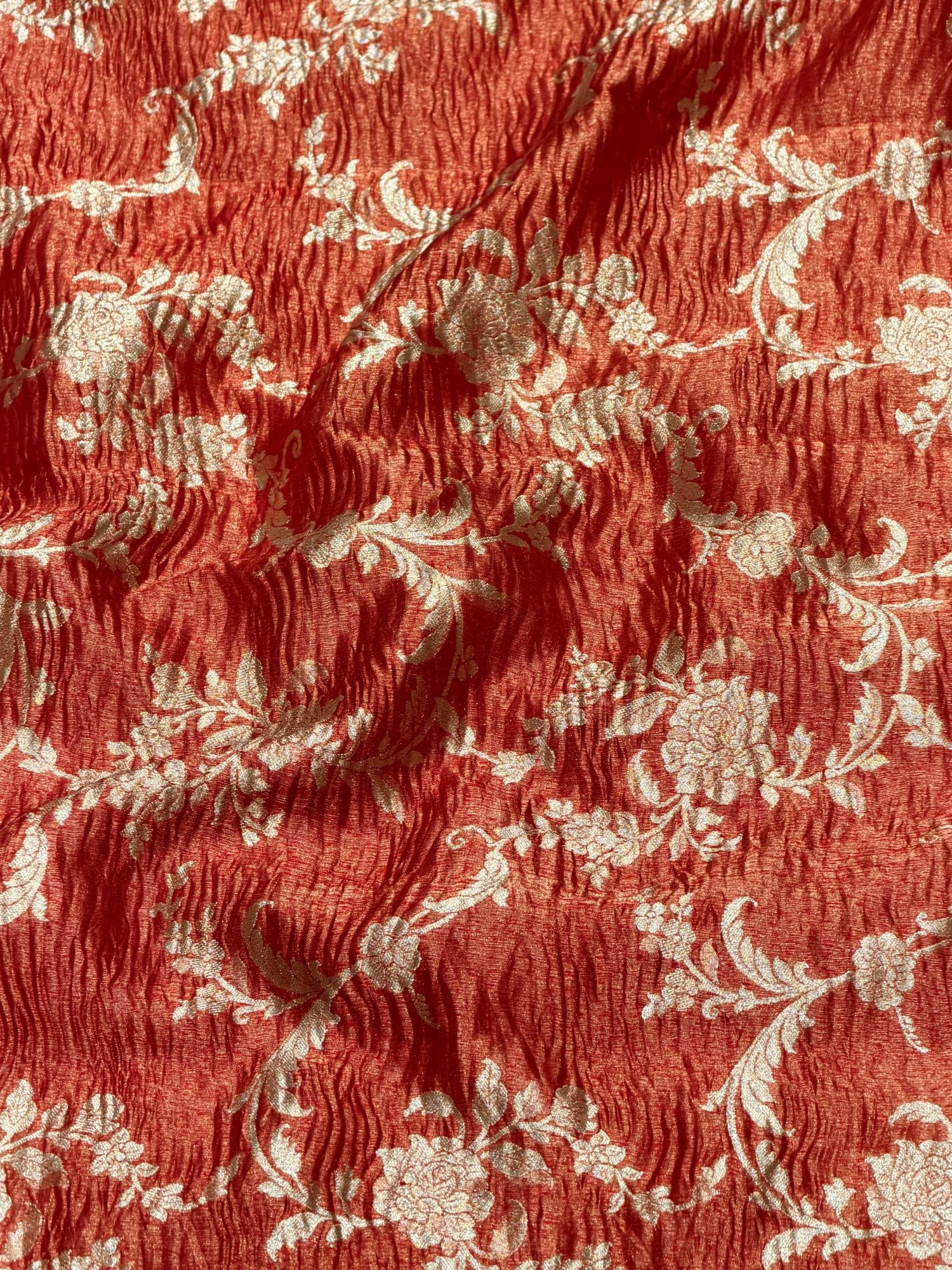 Rust Orange Floral Crush Tissue Silk Fabric