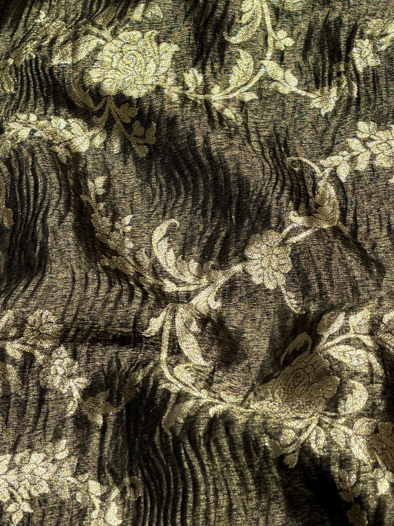 Olive Green Floral Crush Tissue Silk Fabric
