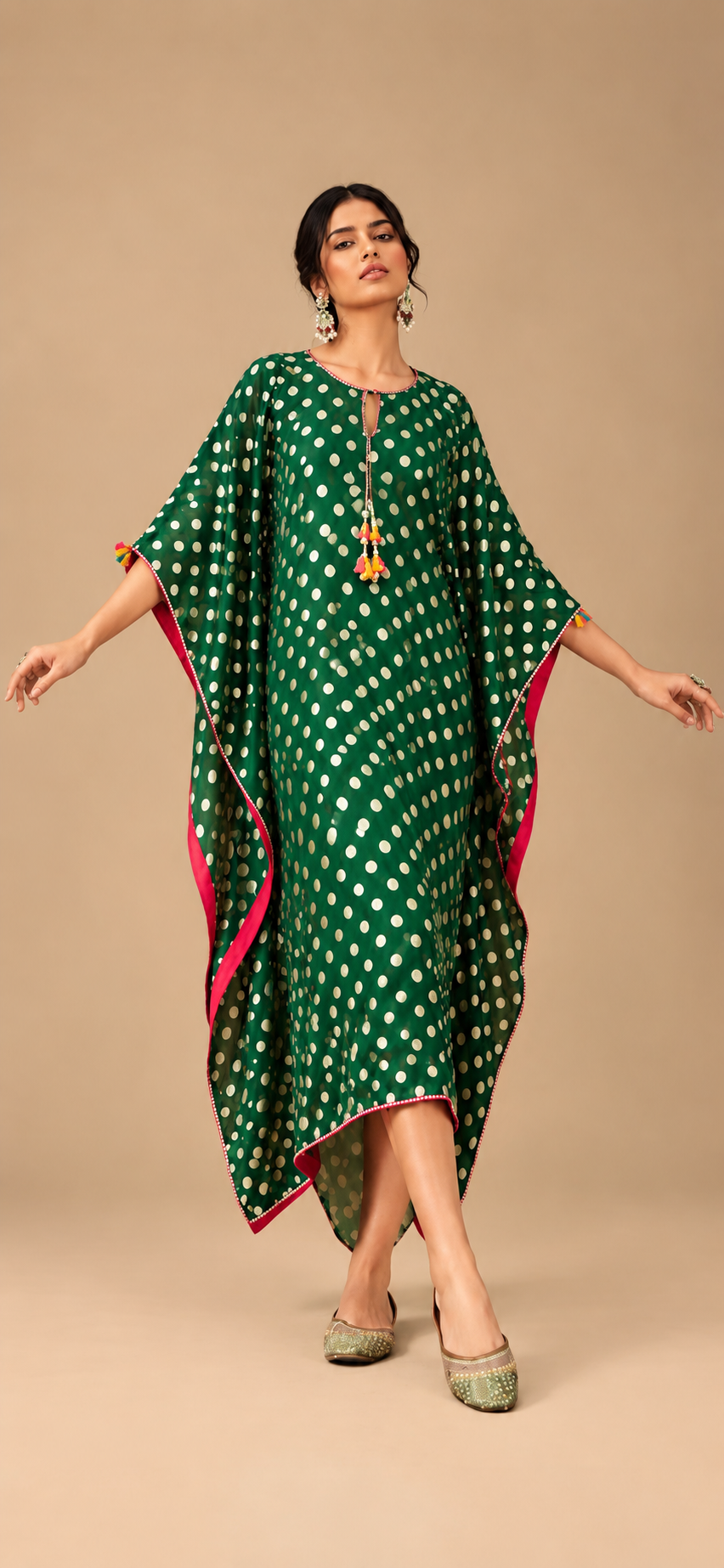 Bottle Green Pure Georgette Fabric with Polka Dots