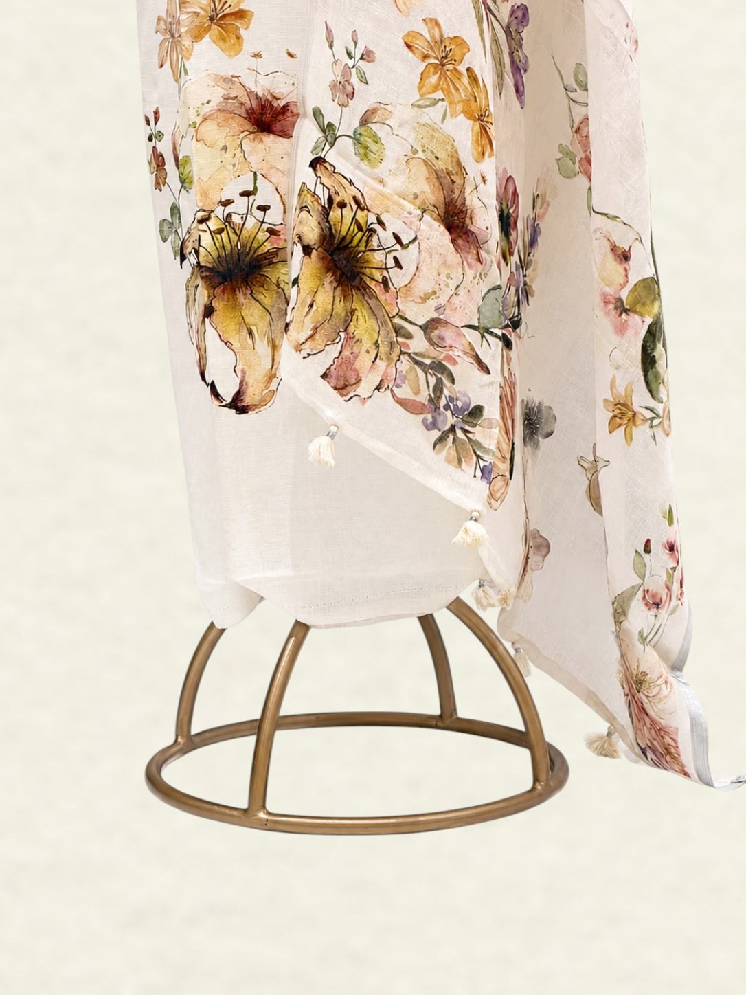 Pure Linen White Floral Printed Suit Set with Elegant Floral Dupatta