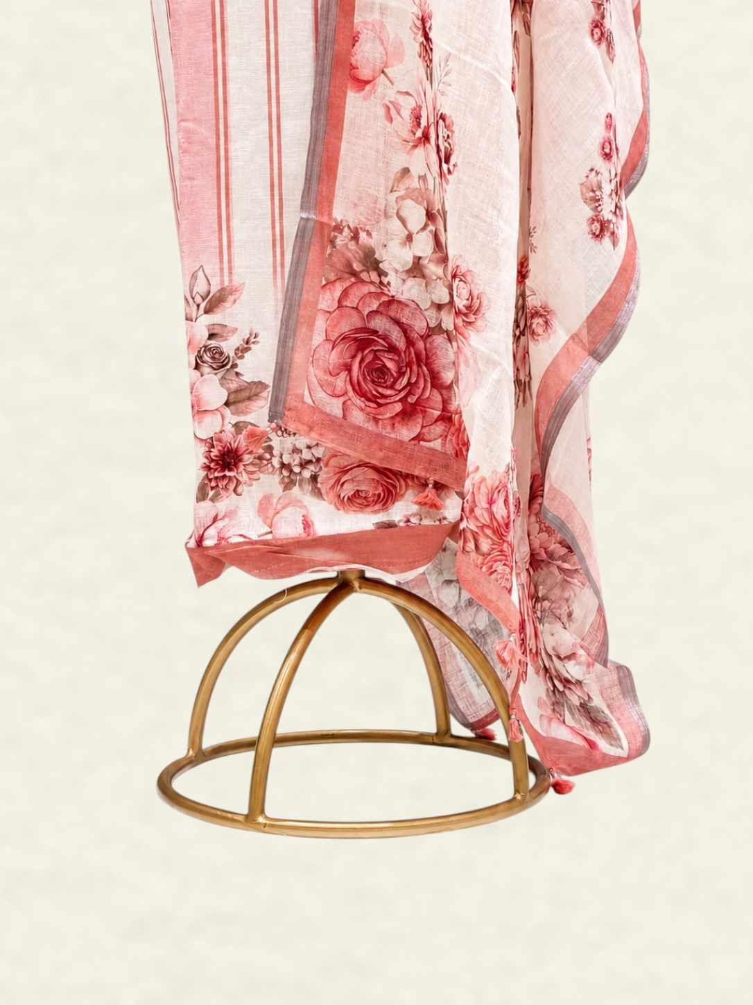 Pure Linen Peach Striped Suit Set with Floral Printed Dupatta