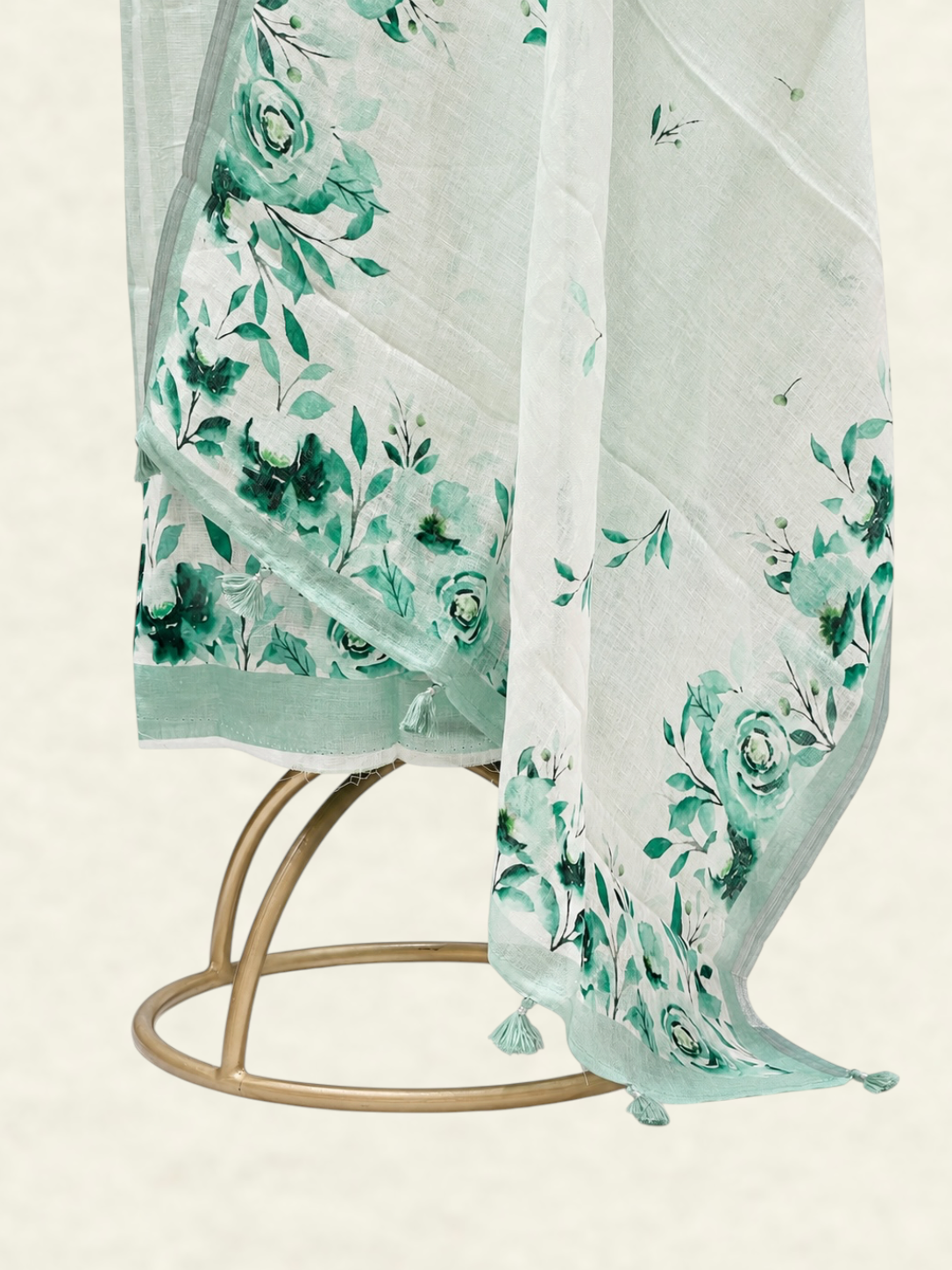Pure Linen Mint Green Striped Floral Printed Suit Set with Mul Dupatta
