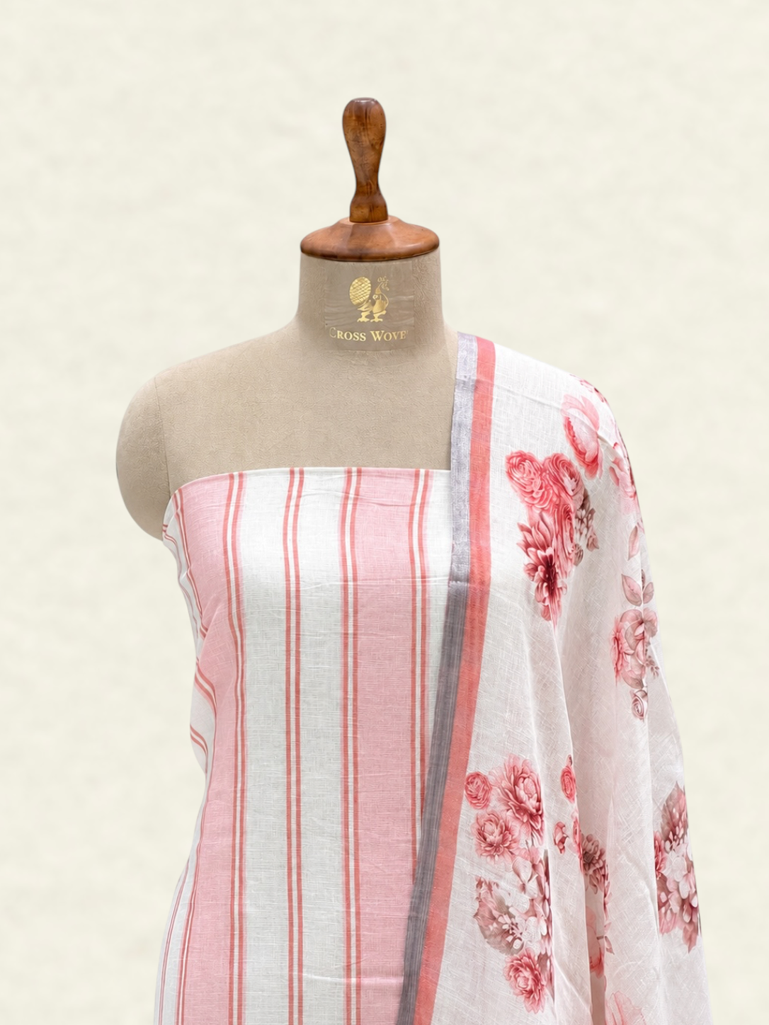 Pure Linen Peach Striped Suit Set with Floral Printed Dupatta
