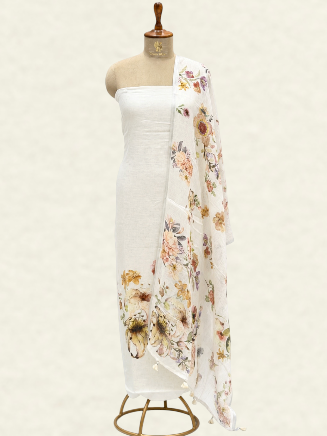 Pure Linen White Floral Printed Suit Set with Elegant Floral Dupatta
