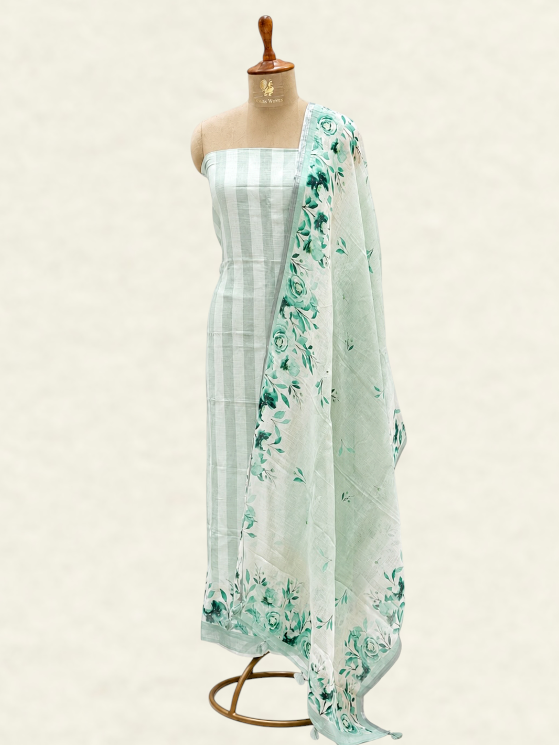 Pure Linen Mint Green Striped Floral Printed Suit Set with Mul Dupatta