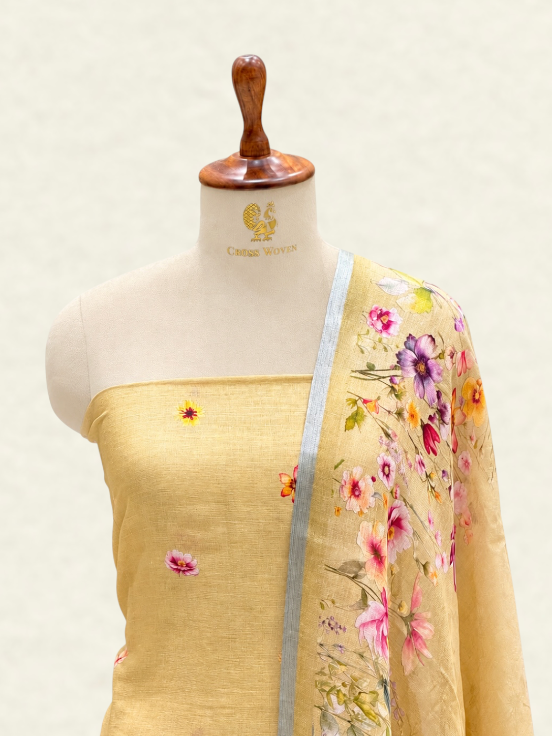 Pure Linen Mustard Floral Printed Suit Set with Coordinated Mul Dupatta