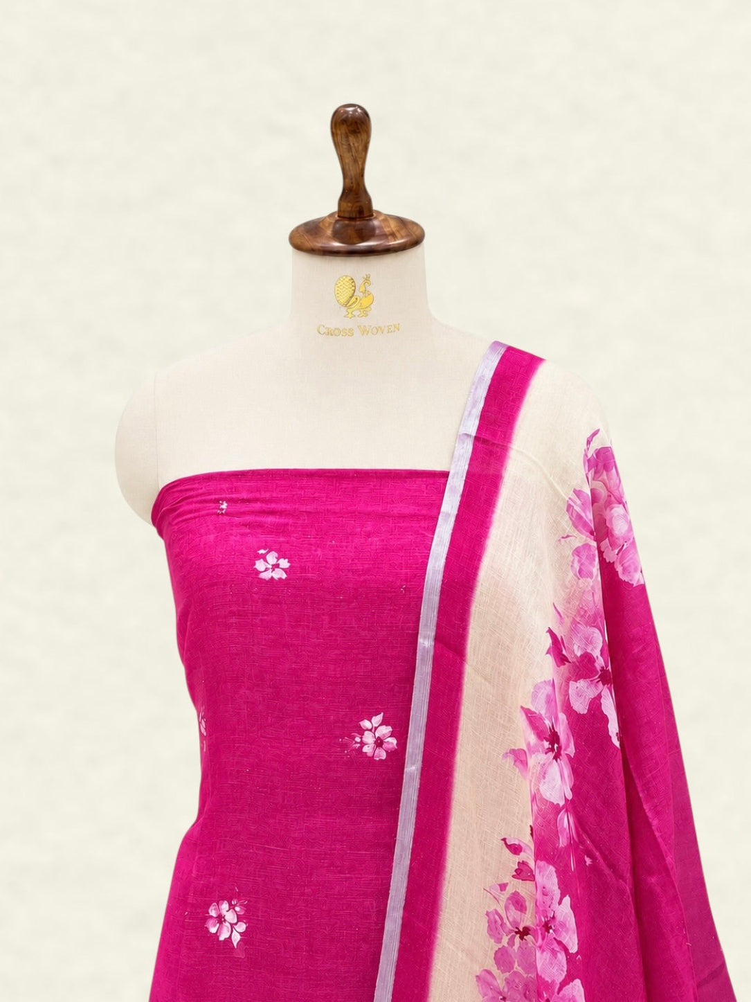 Fuchsia Pink Pure Linen Floral Booti Suit Set