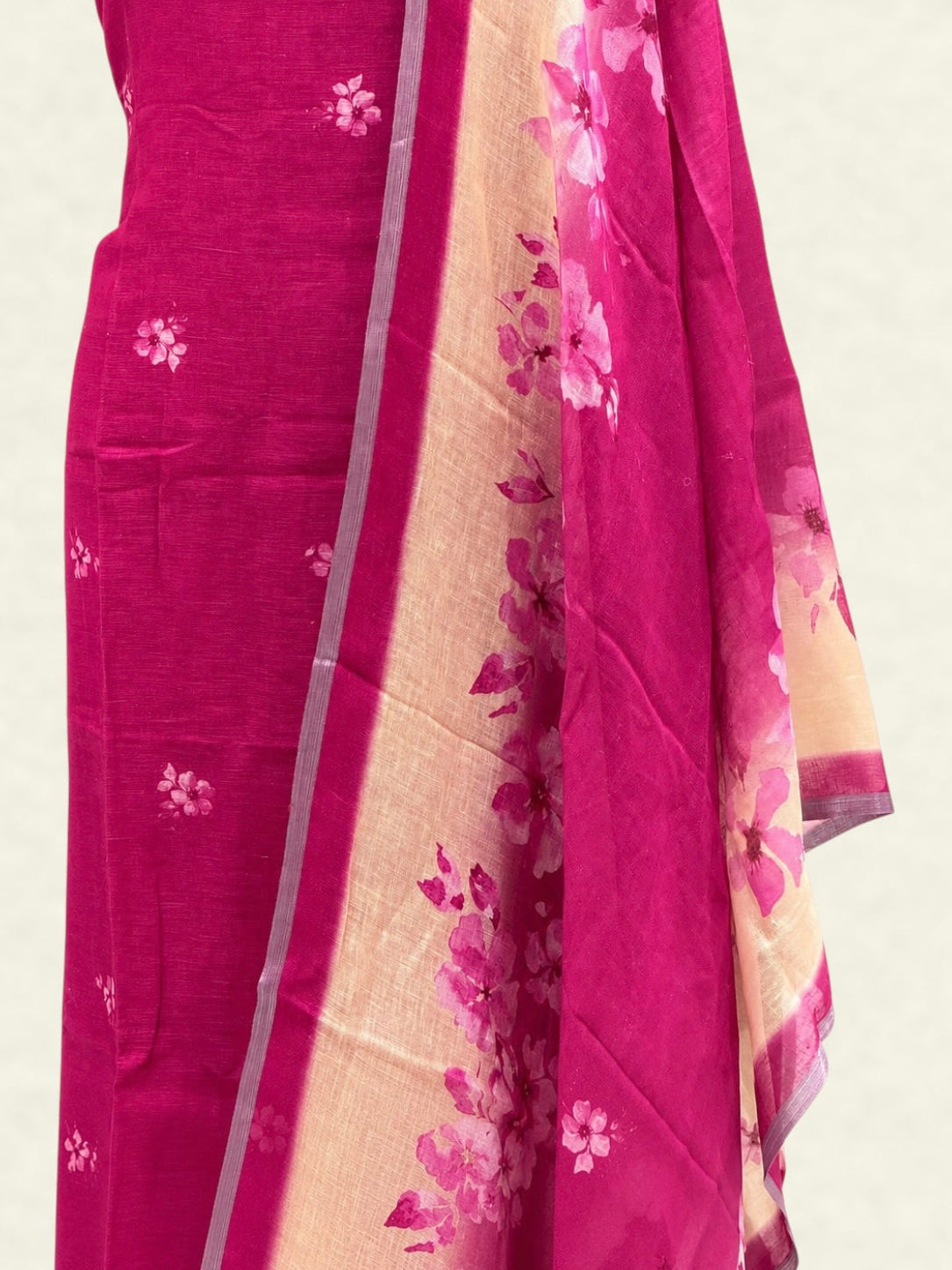 Fuchsia Pink Pure Linen Floral Booti Suit Set