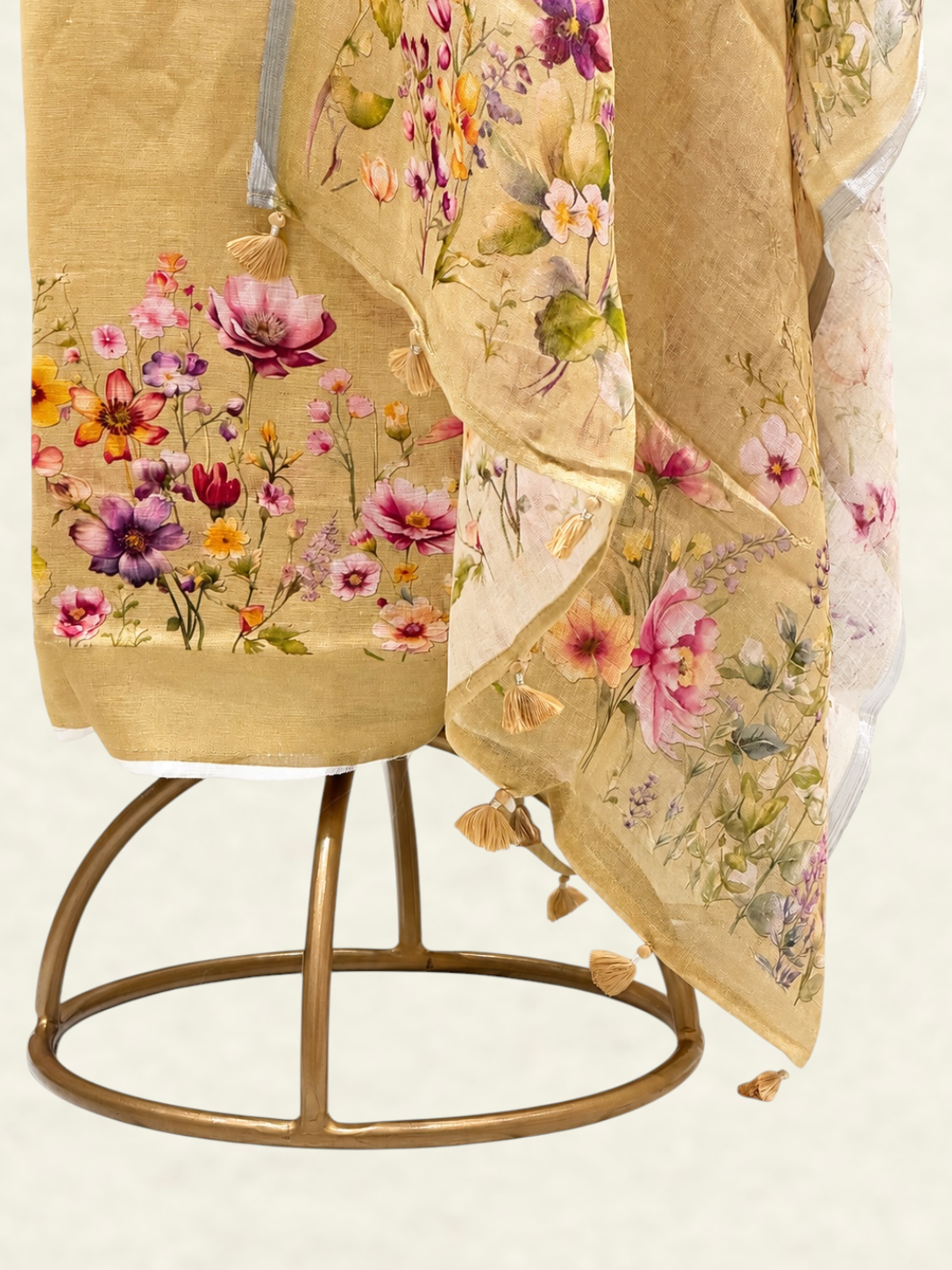 Pure Linen Mustard Floral Printed Suit Set with Coordinated Mul Dupatta