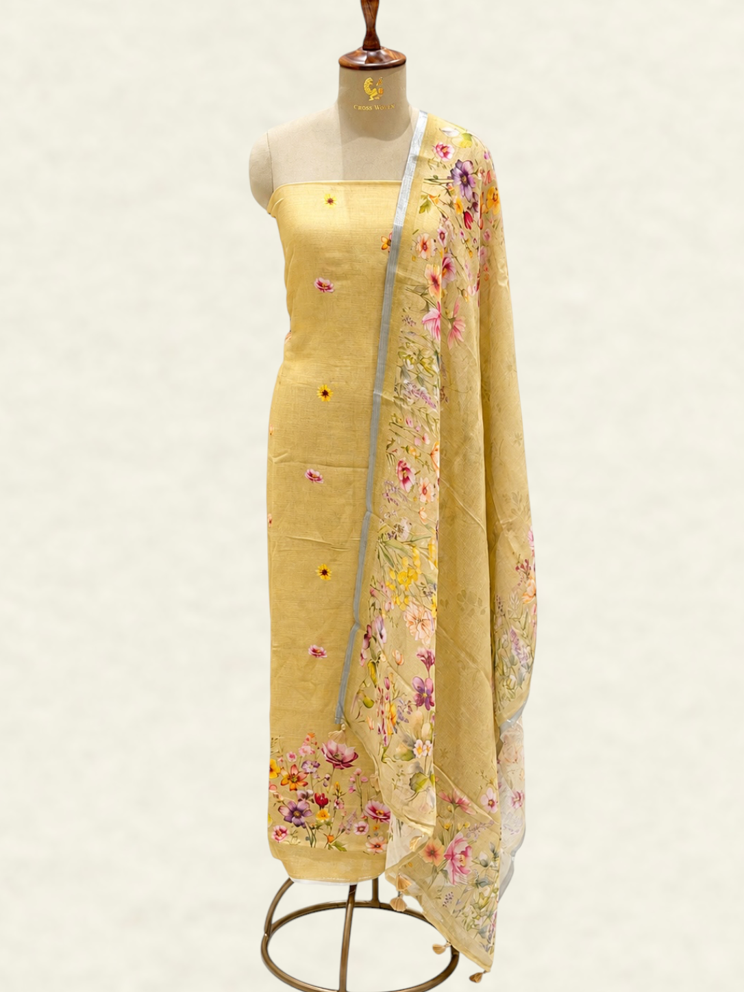 Pure Linen Mustard Floral Printed Suit Set with Coordinated Mul Dupatta
