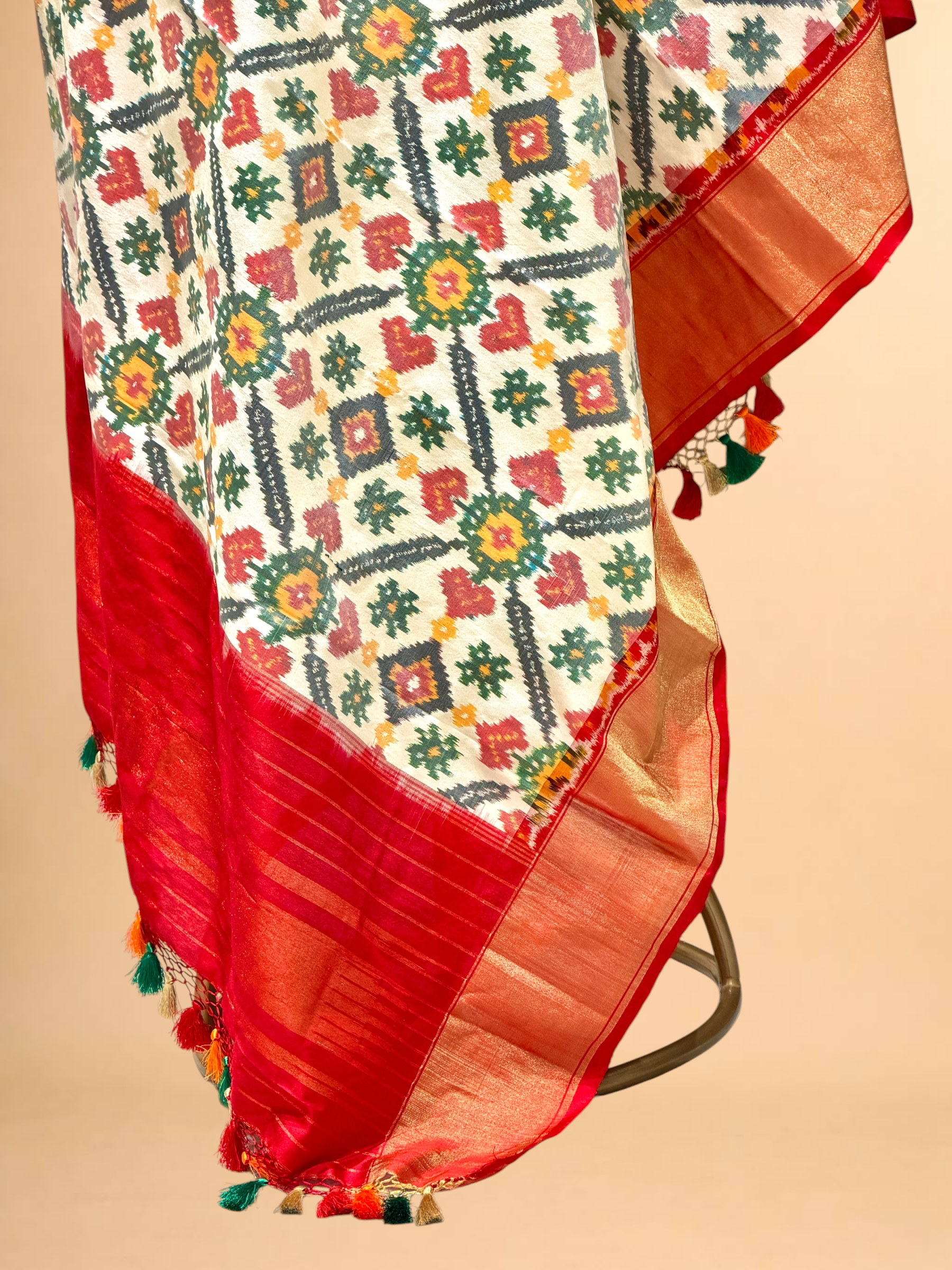)ff- White Banarasi Katan Silk Ikkat Dupatta