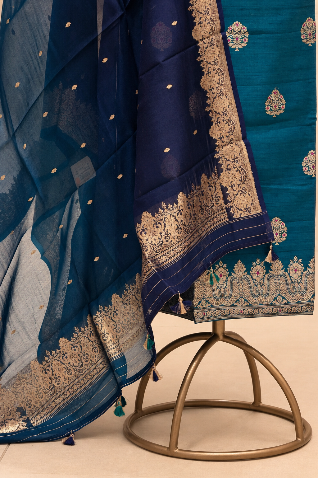 Deep Teal Pure Raw Silk Suit Set with Ombré Organza Dupatta
