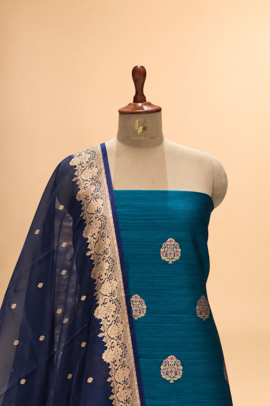 Deep Teal Pure Raw Silk Suit Set with Ombré Organza Dupatta