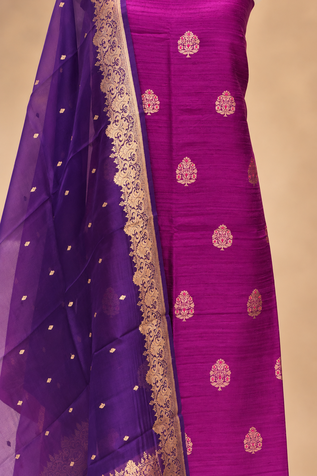 Plum Purple Pure Raw Silk Suit Set with Ombré Organza Dupatta