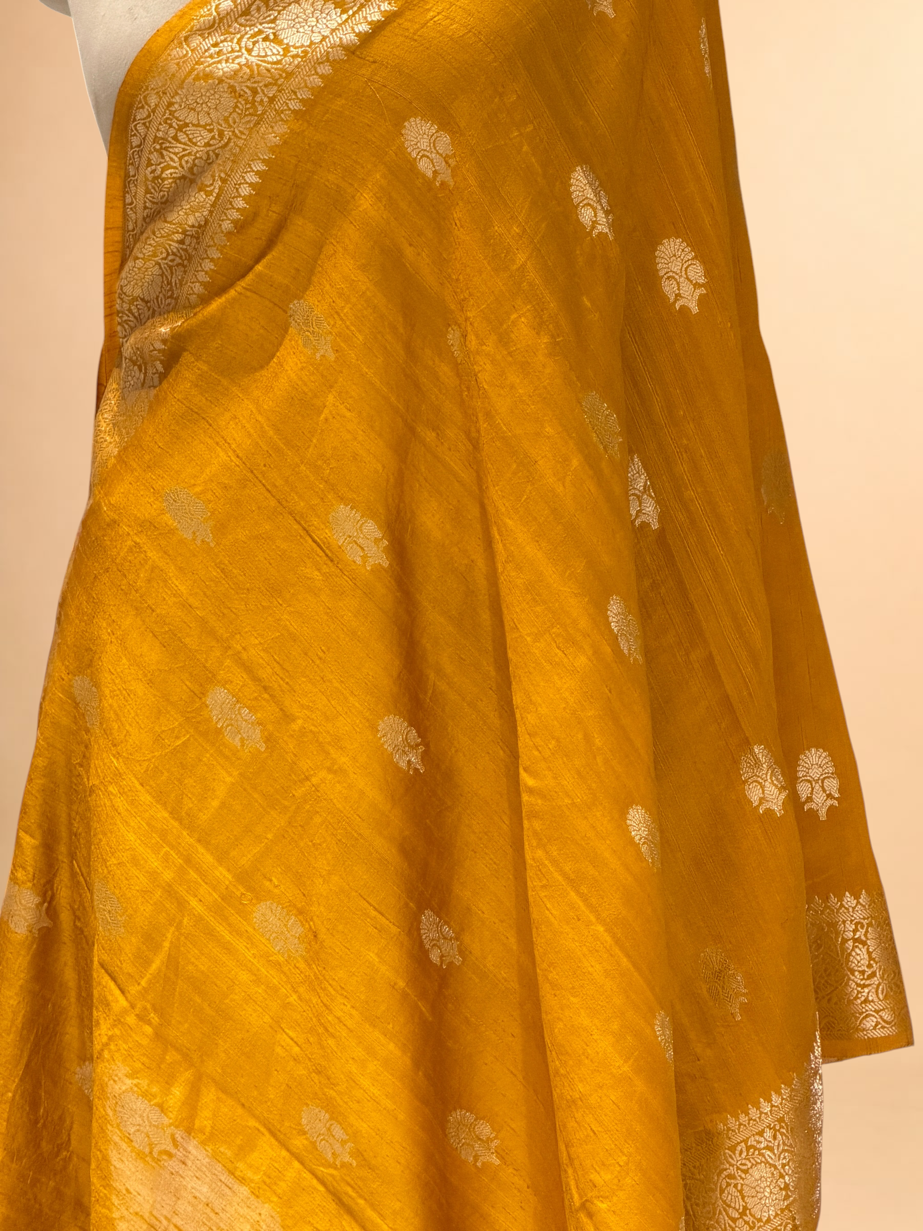 Mustard Yellow Banarasi Raw Silk Dupatta with Gold Zari Floral Bootis