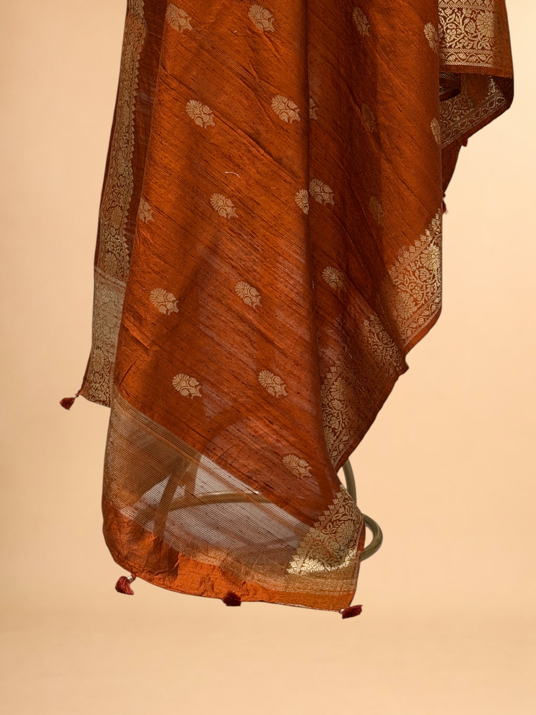 Rust Orange Banarasi Raw Silk Dupatta with Gold Zari Floral Bootis